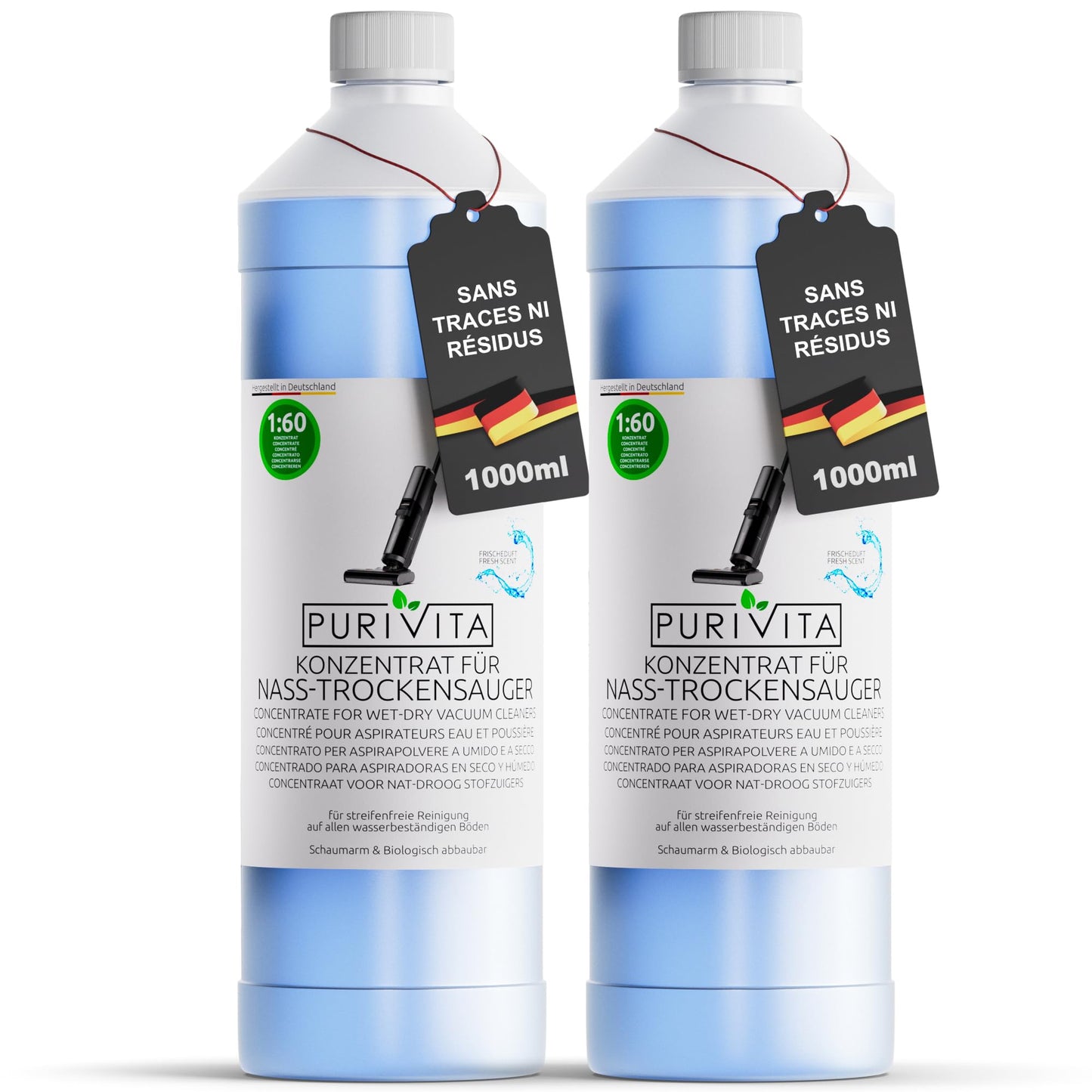 PURIVITA Cleaner for Suction Mop [2 x 1L] - Cleaner for Washing Vacuum Cleaner Concentrate - Wet Vacuum Cleaner for Any Floor - Wet Vacuum Cleaner
