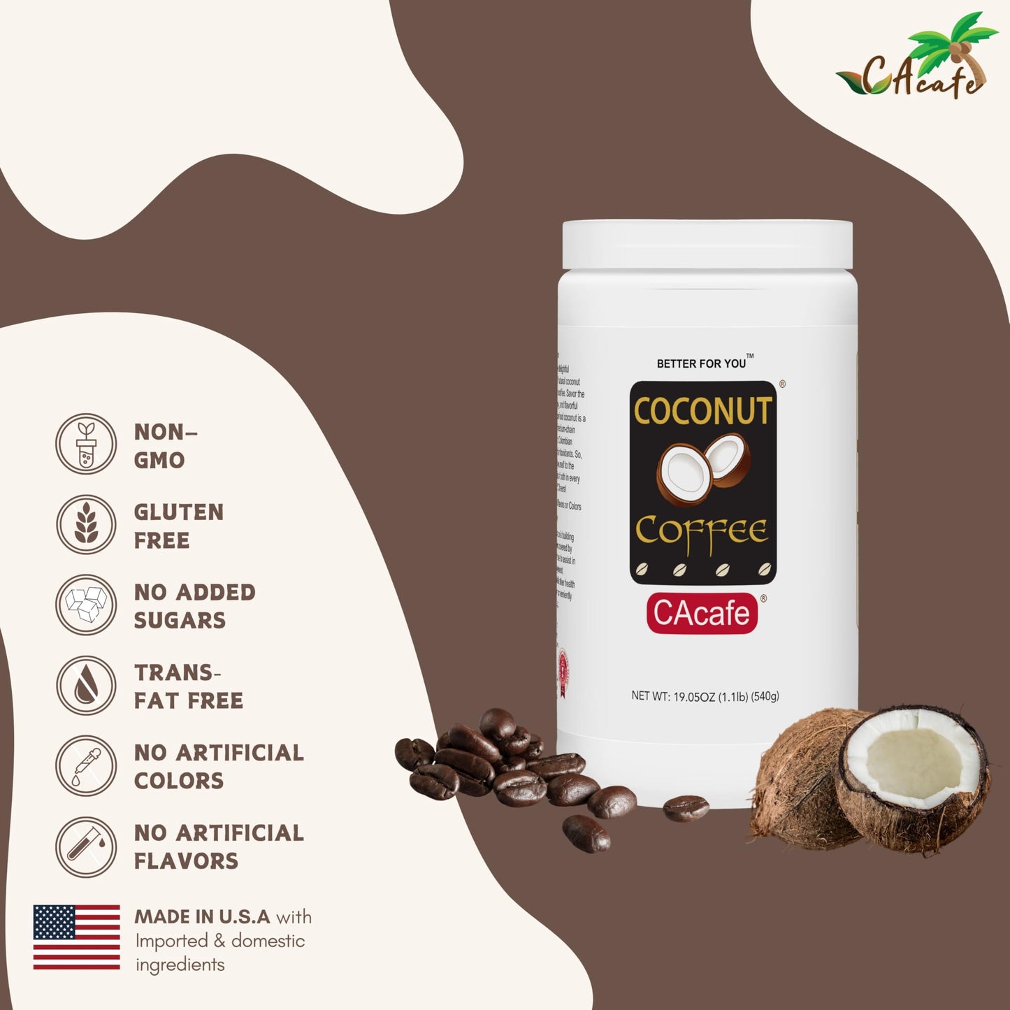 CAcafe Coconut Coffee, Coconut Infused Colombian Coffee, Creamy Drink Mix, Make Iced or Hot, Packed with Antioxidants, Natural Energy, and Stress