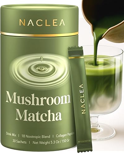 NACLEA Mushroom Matcha Powder - Sugar-Free Japanese Ceremonial Green Tea with Superfood Functional Mushrooms and Hydrolyzed Collagen - Coffee