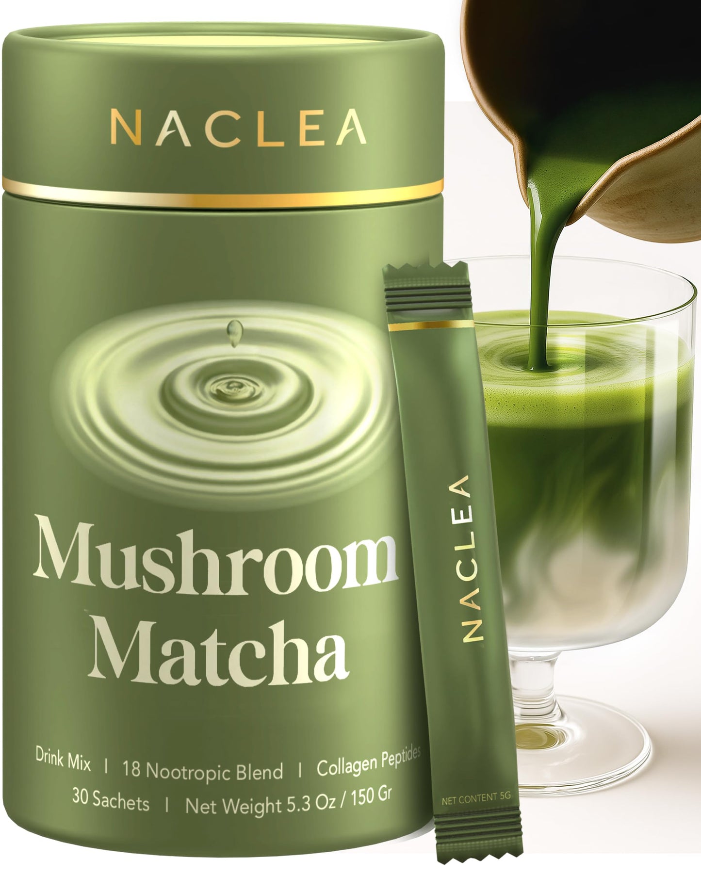 NACLEA Mushroom Matcha Powder - Sugar-Free Japanese Ceremonial Green Tea with Superfood Functional Mushrooms and Hydrolyzed Collagen - Coffee