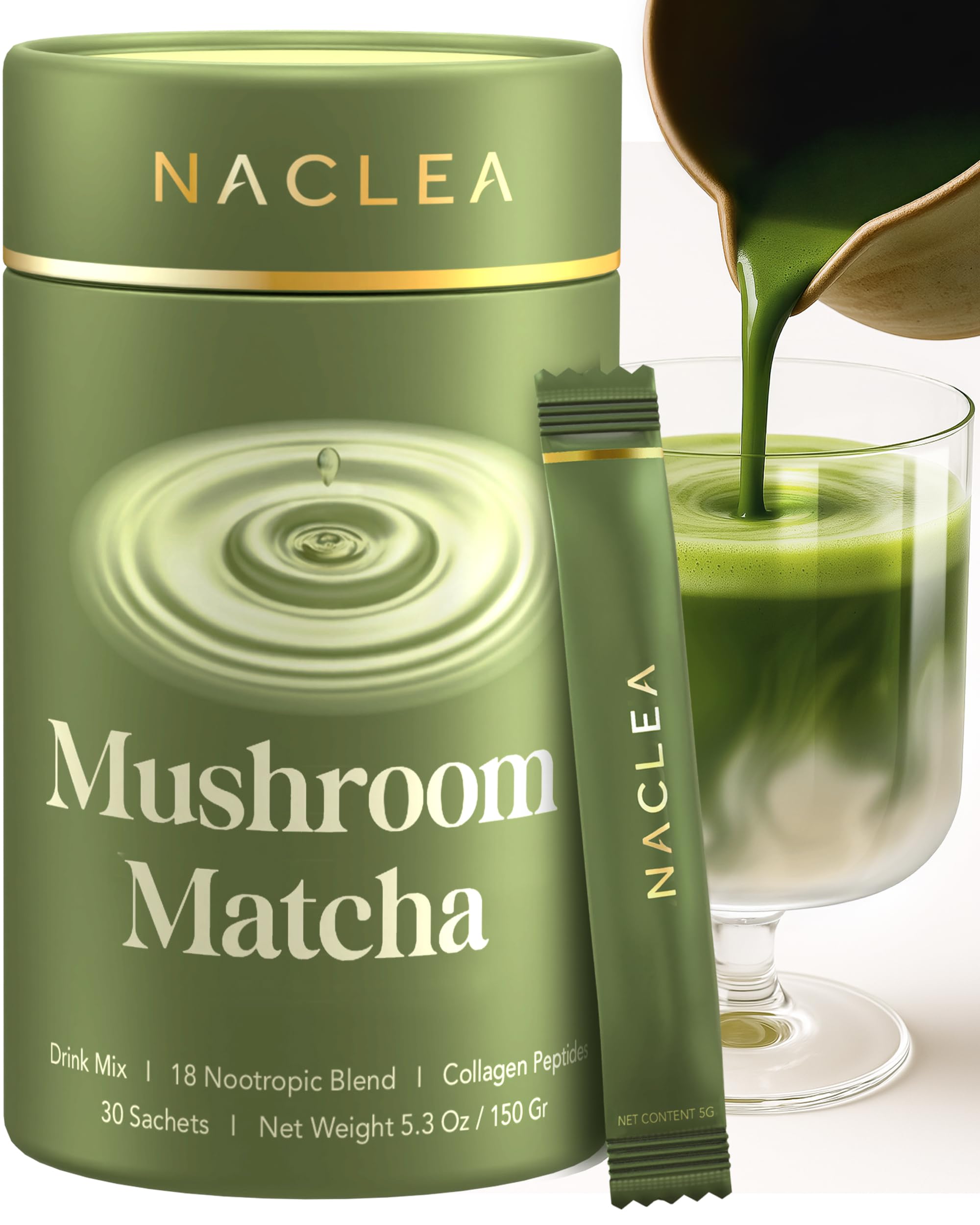 NACLEA Mushroom Matcha Powder - Sugar-Free Japanese Ceremonial Green Tea with Superfood Functional Mushrooms and Hydrolyzed Collagen - Coffee