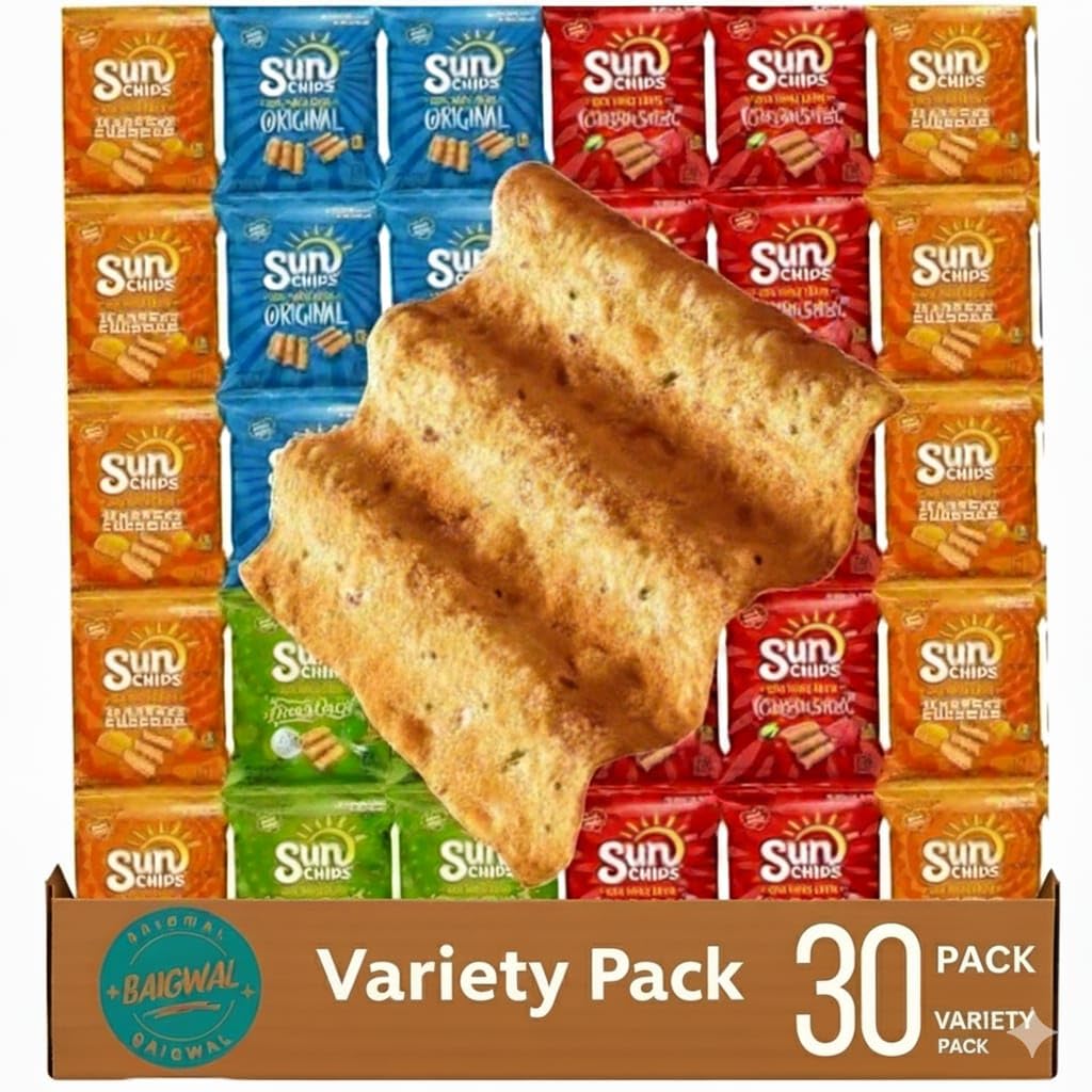 Sun-Chips Multigrain Variety Pack (30 Count) - 100% Whole Grain Chips with Harvest Cheddar, Garden Salsa, Original & French Onion - 1.5 oz Custom