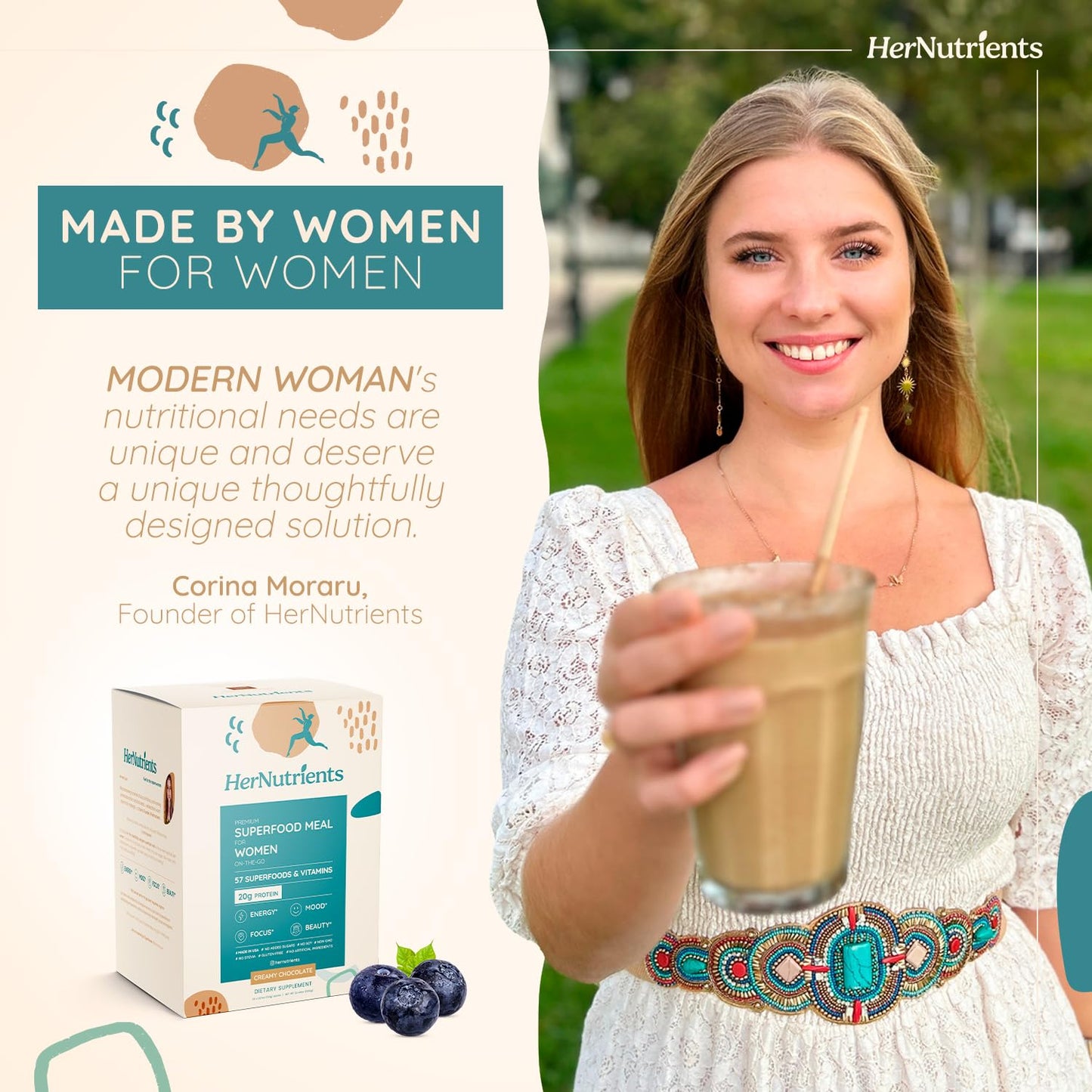 SuperFood Meal Replacement for Women - All-In-One Protein Powder with Greens & Vitamins & Collagen | Chocolate Protein Shake & Supplement Snack