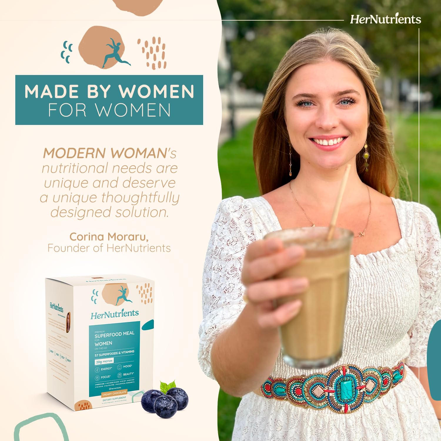 SuperFood Meal Replacement for Women - All-In-One Protein Powder with Greens & Vitamins & Collagen | Chocolate Protein Shake & Supplement Snack