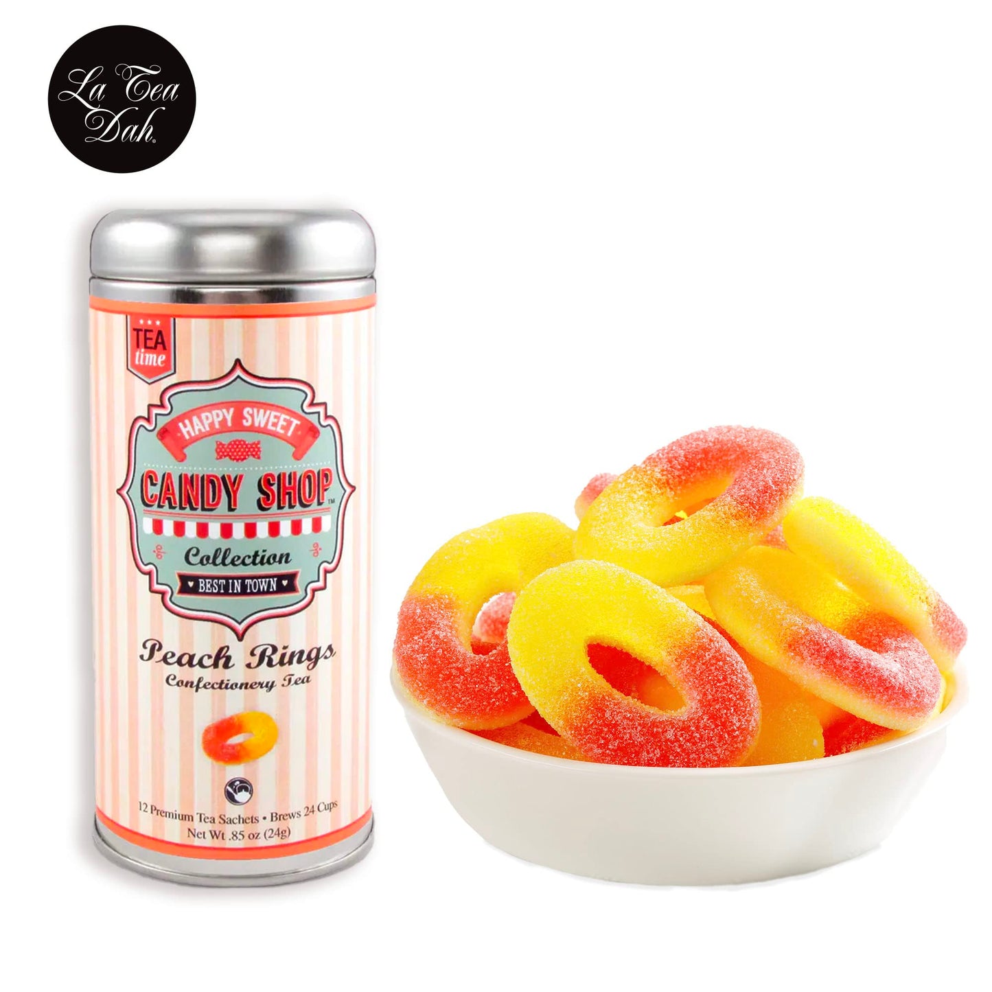 La Tea Dah Peach Green Tea - Gunpowder Green With Natural Peach & Apricot Flavor, Unsweetened & Lightly Caffeinated Dessert Tea, Serve Hot or as Iced
