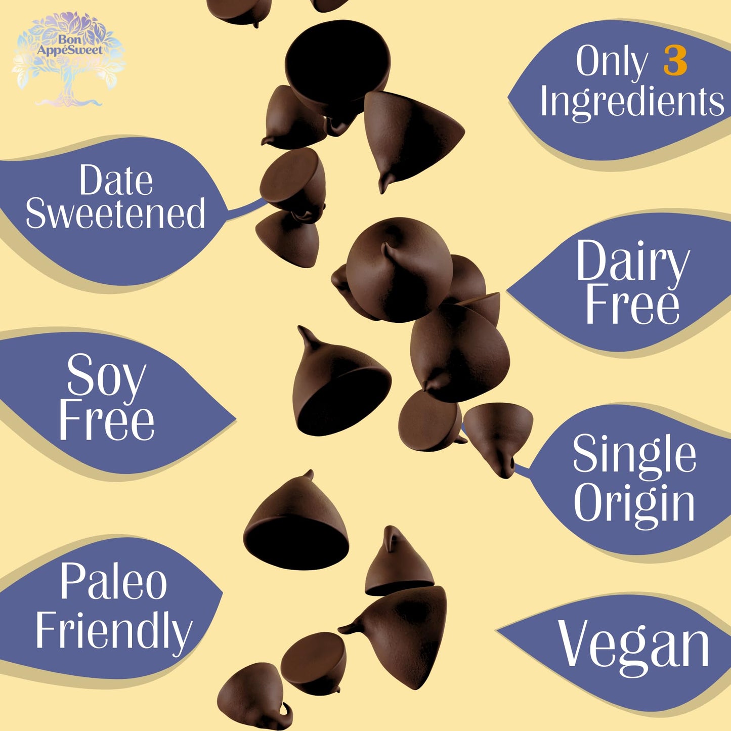 Bon Appesweet Date Sweetened Chocolate Chips - Deep Dark | 8 Ounce (Pack of 3) | Organic, Zero Added Sugar, 70% Cacao, Plant Based, Dairy Free, and Guilt Free!