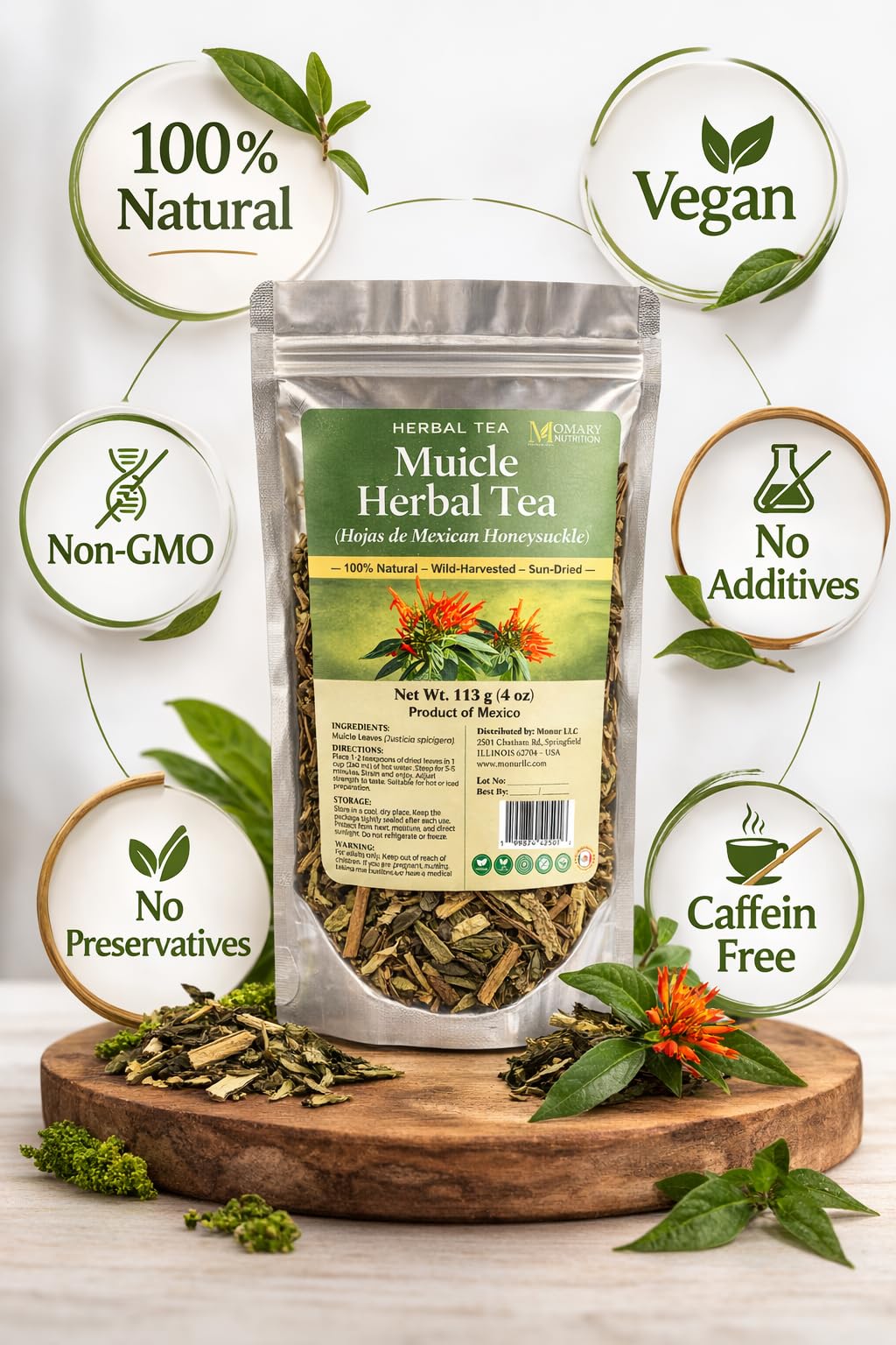 Muicle Herbal Tea - Hojas de Mexican Honeysuckle (Justicia spicigera) - Jumbo Size - Net Wt. 113 g (4 oz) - Natural Sun-Dried Loose Leaves