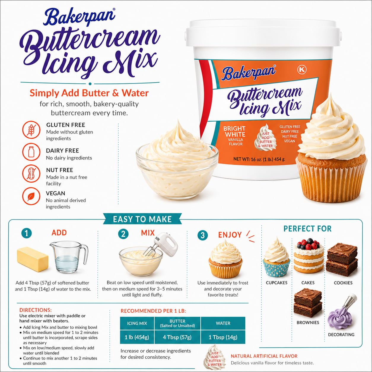 Bakerpan Buttercream Frosting for Cake Decorating, Buttercream Icing Mix for Cupcakes and Cakes, Vanilla Frosting Mix - 1 Pound (Made in USA)