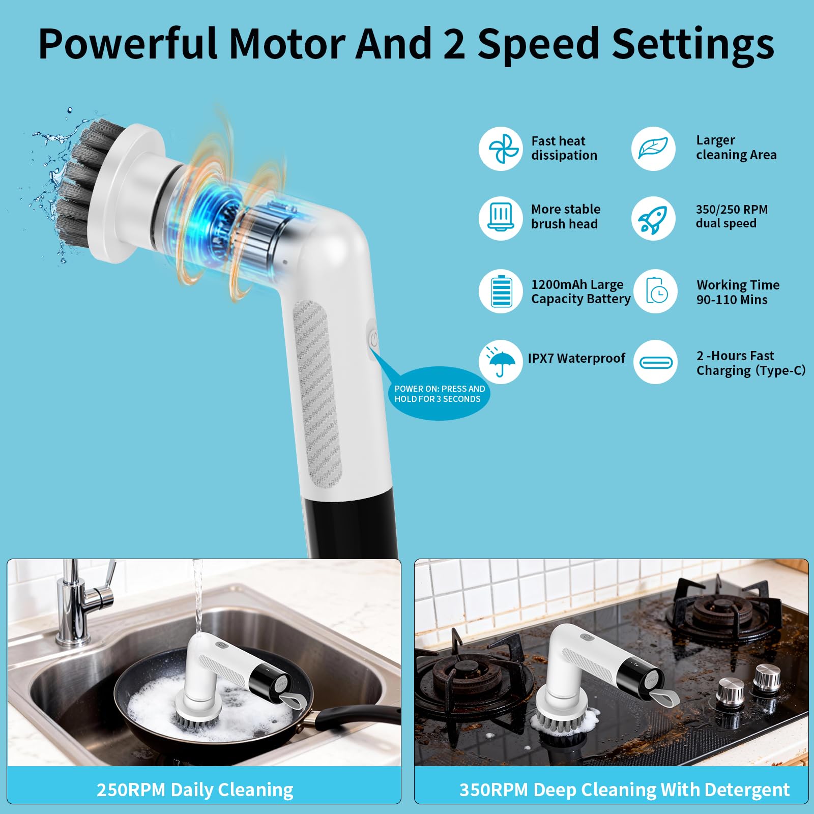Electric Dish Scrubber, Mini Cordless Kitchen Cleaning Brush with 4 Replaceable Heads, 20W High-Torque Dual Speed, IPX7 Waterproof LED Display 90-120