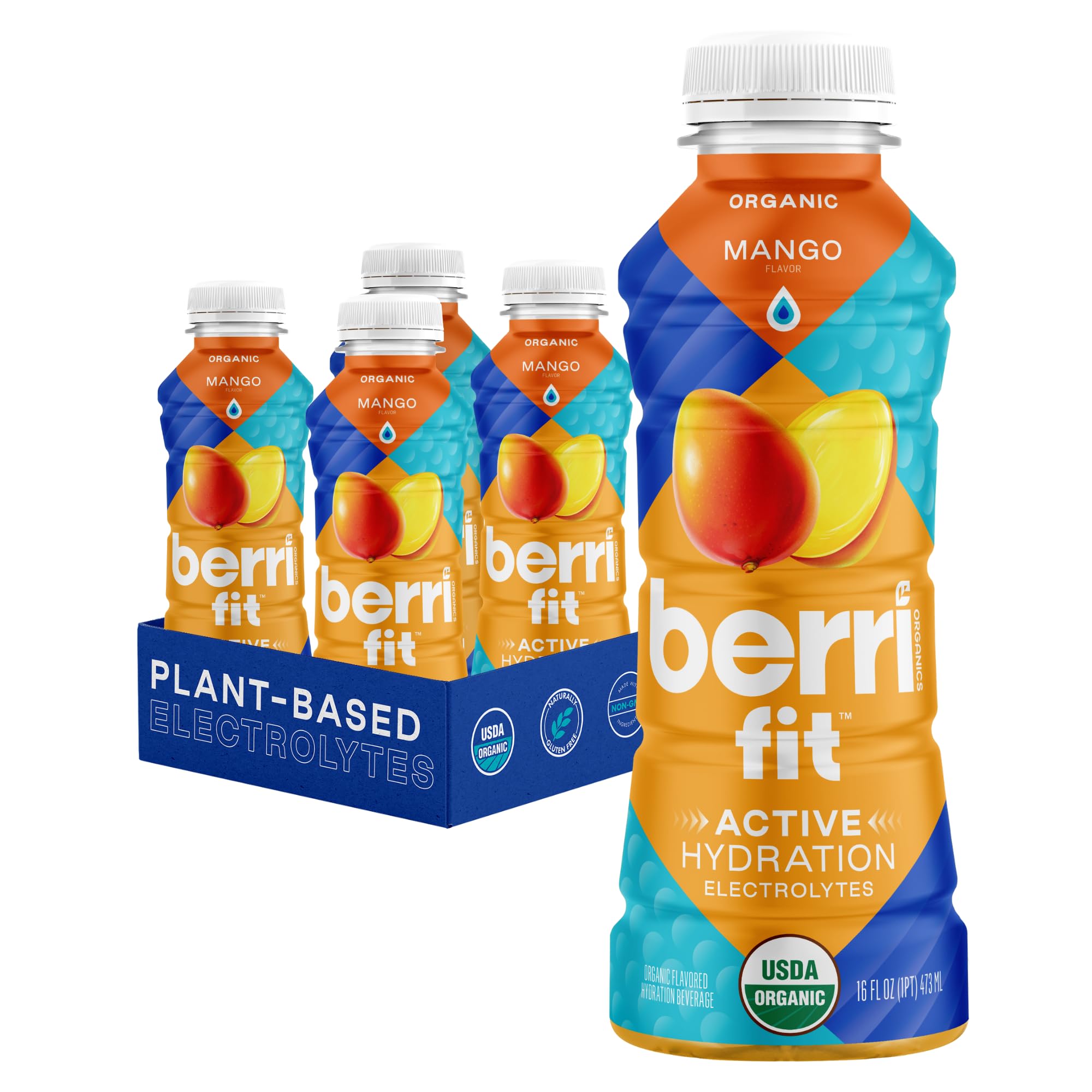 Berri Fit Hydration - Organic Mango Flavor Natural Sports Drink - Plant-Based Electrolyte Beverage - Low Calorie, Paleo Coconut Water Solution, 16oz