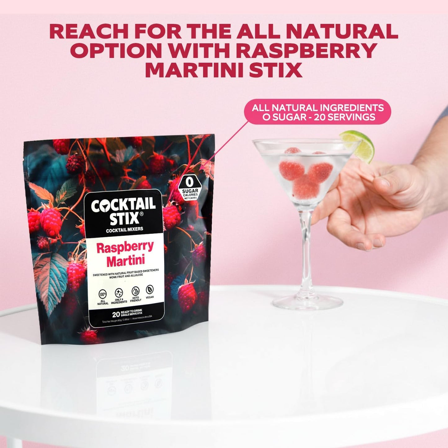 Cocktail Stix Zero Sugar Raspberry Martini Mixer - Cocktail & Mocktail Drink Mixer - Skinny Mixes - Water Flavoring Packets - Vegan - No Calories, No