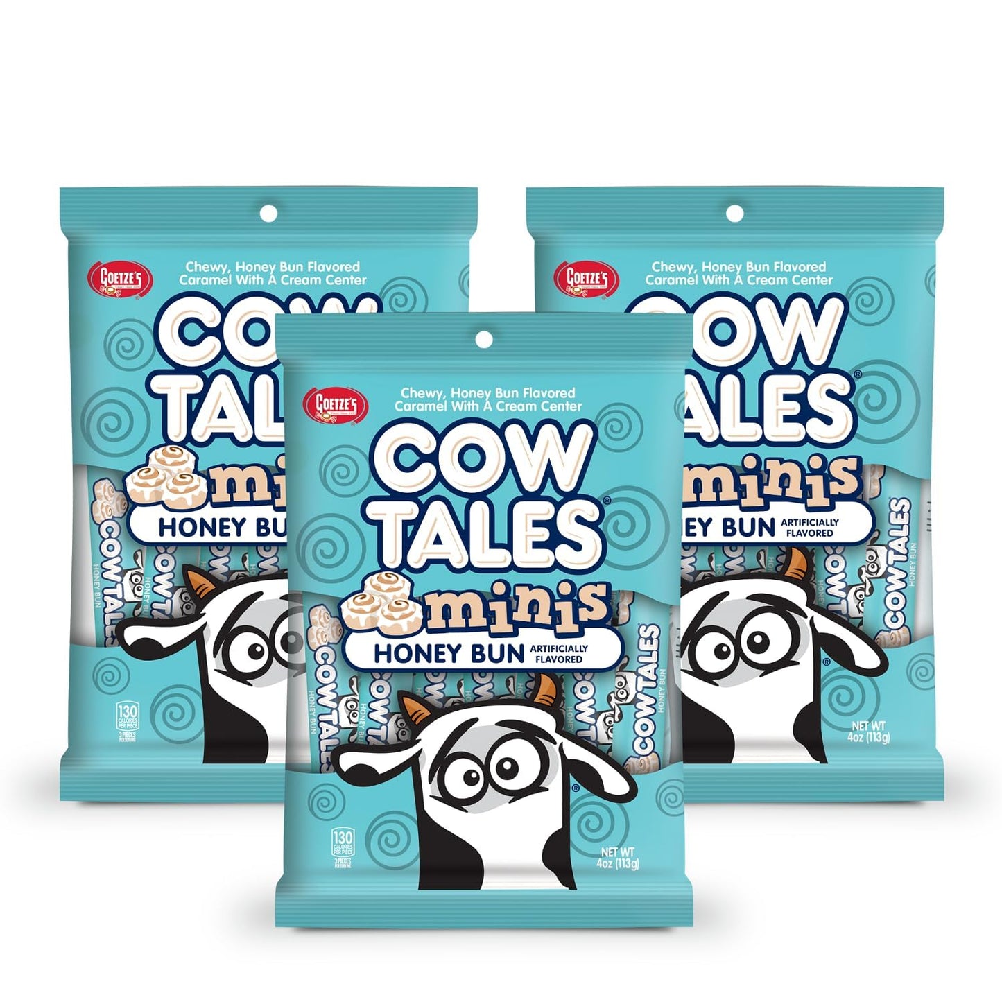 Goetze's Candy Honey Bun Cow Tales Minis - 4 Ounce Bags - 3 Pack - Fresh from the Factory