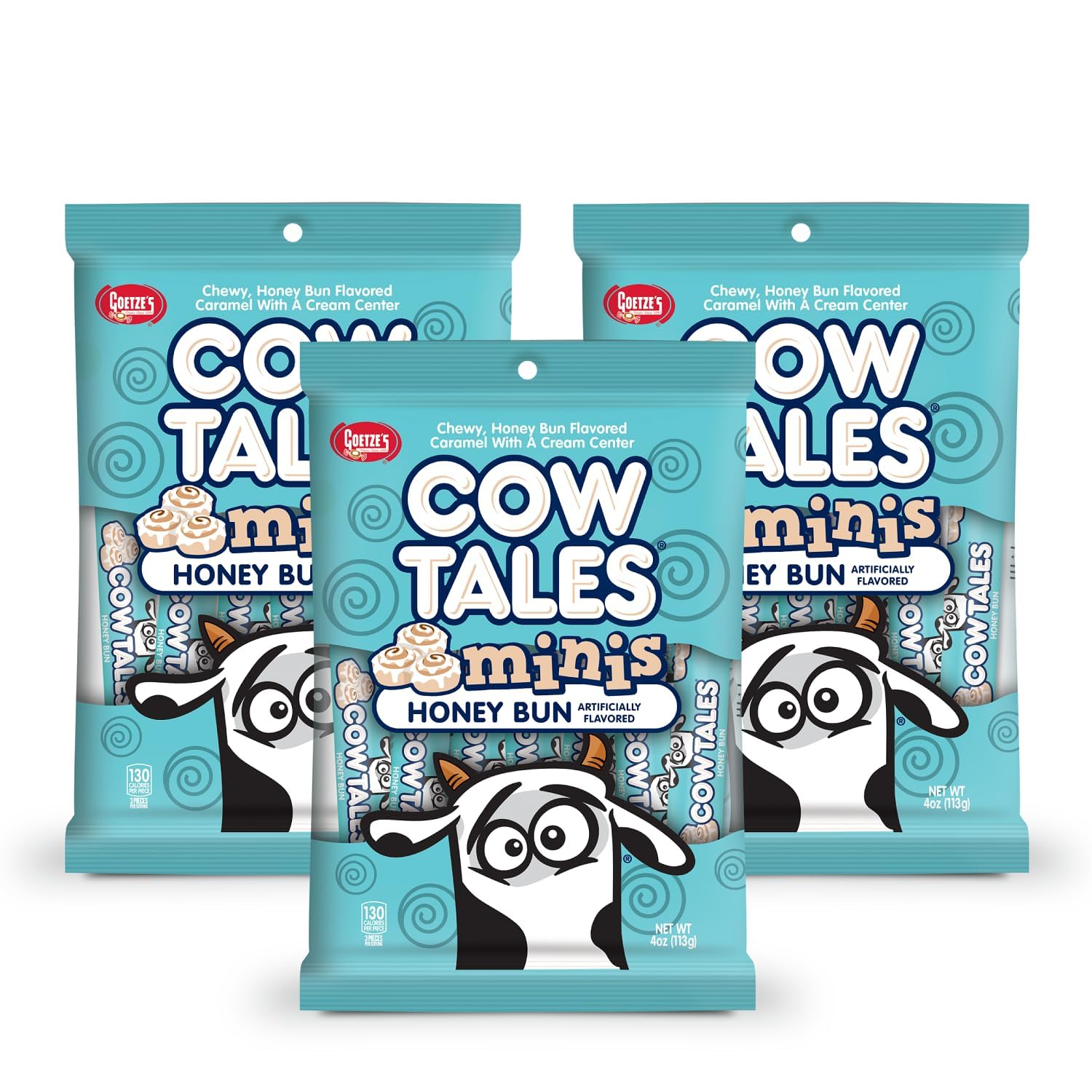 Goetze's Candy Honey Bun Cow Tales Minis - 4 Ounce Bags - 3 Pack - Fresh from the Factory