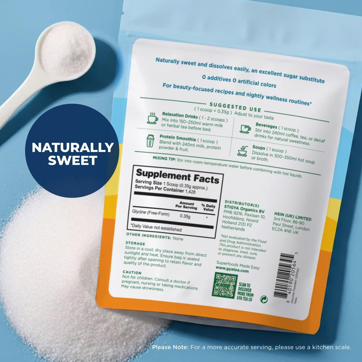 Gya Tea Co Glycine Powder 1.1lb (17.64 oz) - Promotes Restful Nights & Relaxation, Collagen Support - Unflavored & Gluten-Free, Naturally Sweet, Water