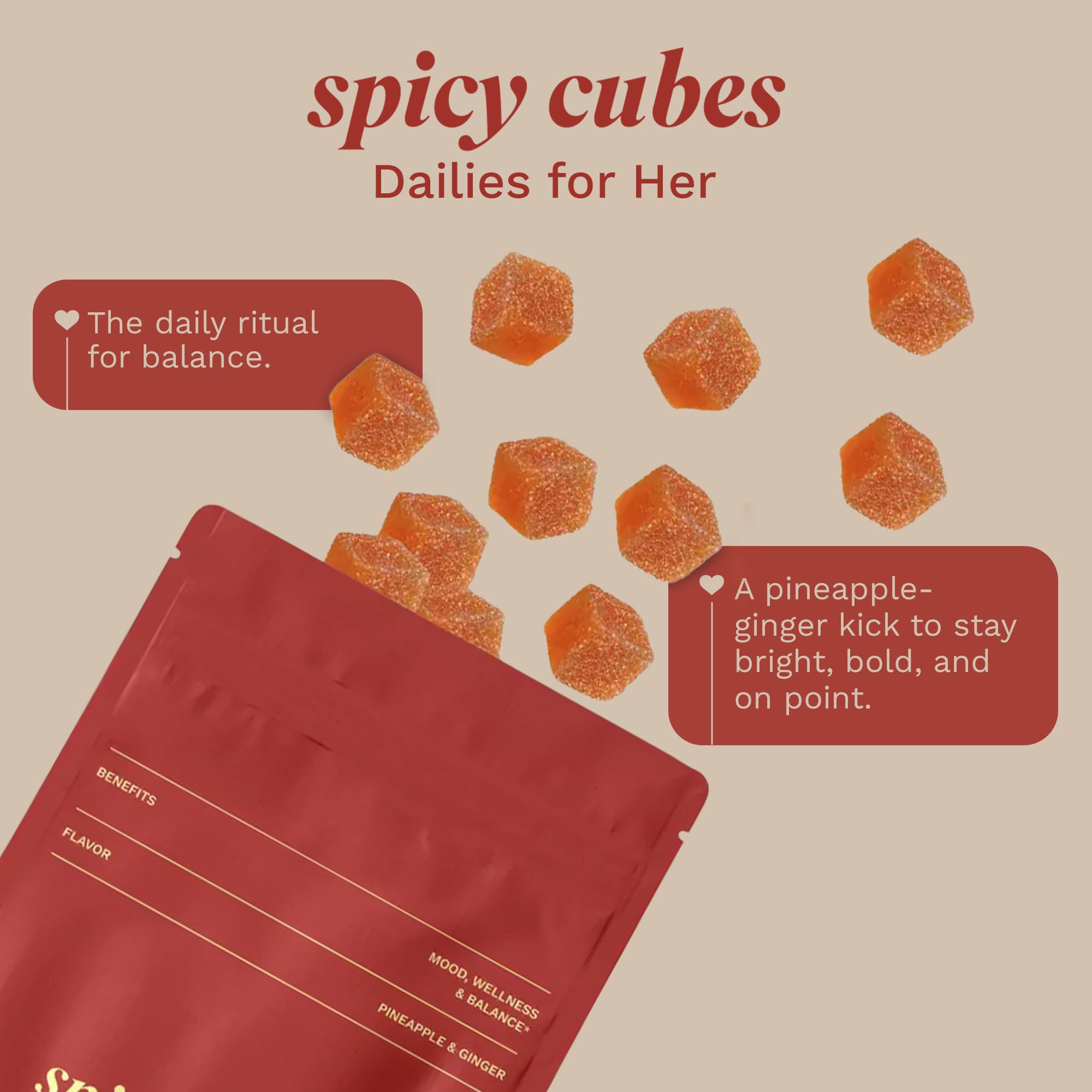 Spicy Cubes Dailies for Her - Feminine Balance Wellness Gummies with Saffron & Fenugreek - Natural Mood Support, Female Vitality & Energy - Tropical