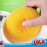 LOLA Plastic Mesh Scouring Pads - 3 Pack, 3.375" x 1.25", Non-Scratch Dish Scrubbers to Clean Dishes, Assorted Colors - Red, Blue & Yellow