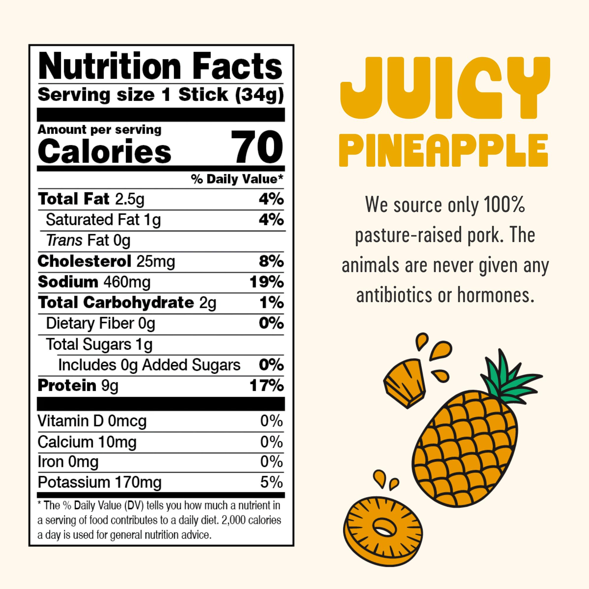 Juicy Pineapple Pork Meat Sticks Pouch (6 Count) - Pasture-Raised Pineapple Pork Sticks, Healthy Snacks with Grass-Fed Bone Broth, High Protein Snacks