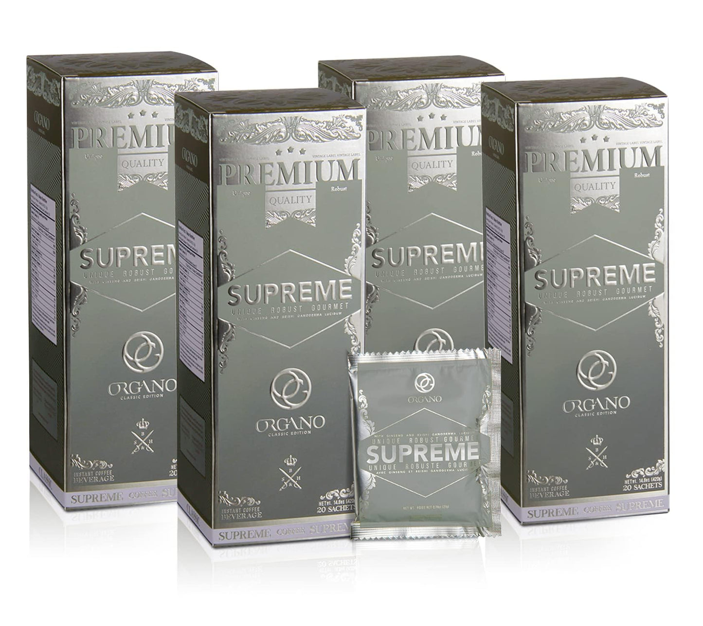 4 Boxes ORGANO Café Supreme, 100% Ganoderma Lucidum with Ginseng (80 Sachets)