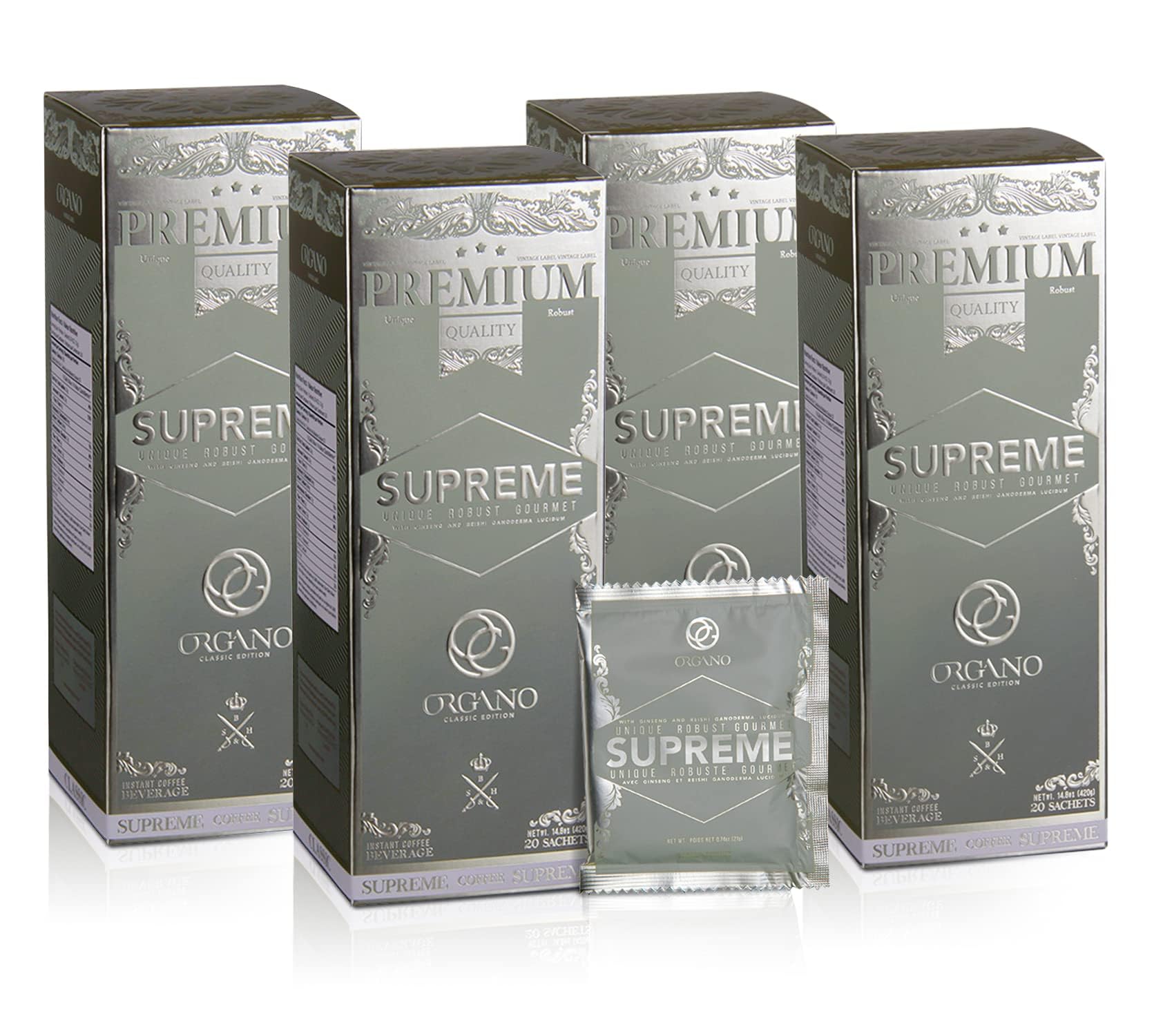 4 Boxes ORGANO Café Supreme, 100% Ganoderma Lucidum with Ginseng (80 Sachets)