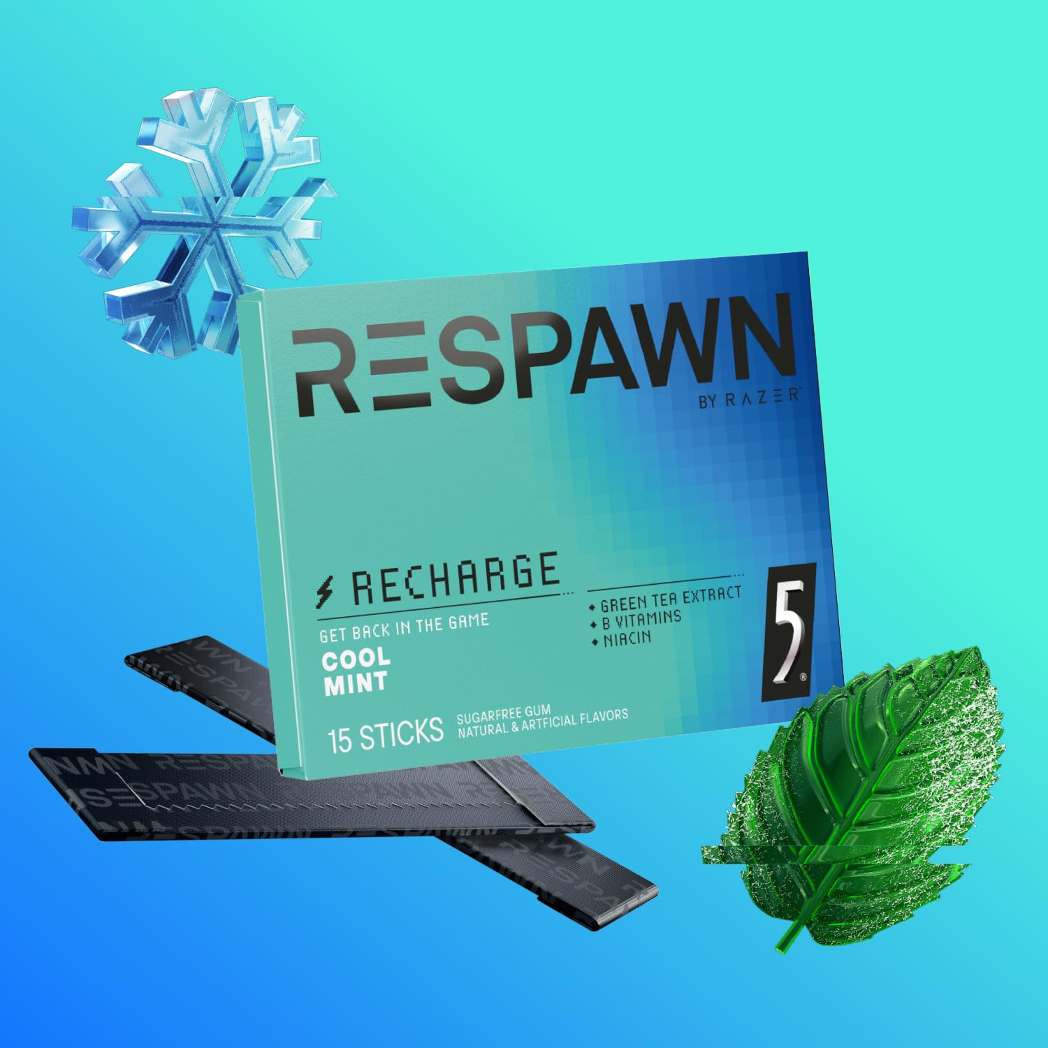 RESPAWN BY RAZER, Recharge Gum with B Vitamins and Green Tea Extract, Sugar-Free, Cool Mint, 10 Pack Bulk Box for Gaming, Freshening Breath and More