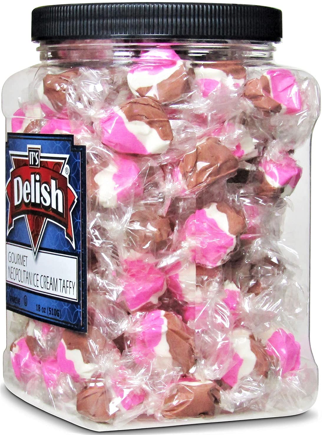 Neapolitan Ice Cream Taffy Chews by It's Delish, 18 Oz Jumbo Container - Individually Wrapped Gourmet Soft Fluff Taffy - Great Candy for Pink Ice