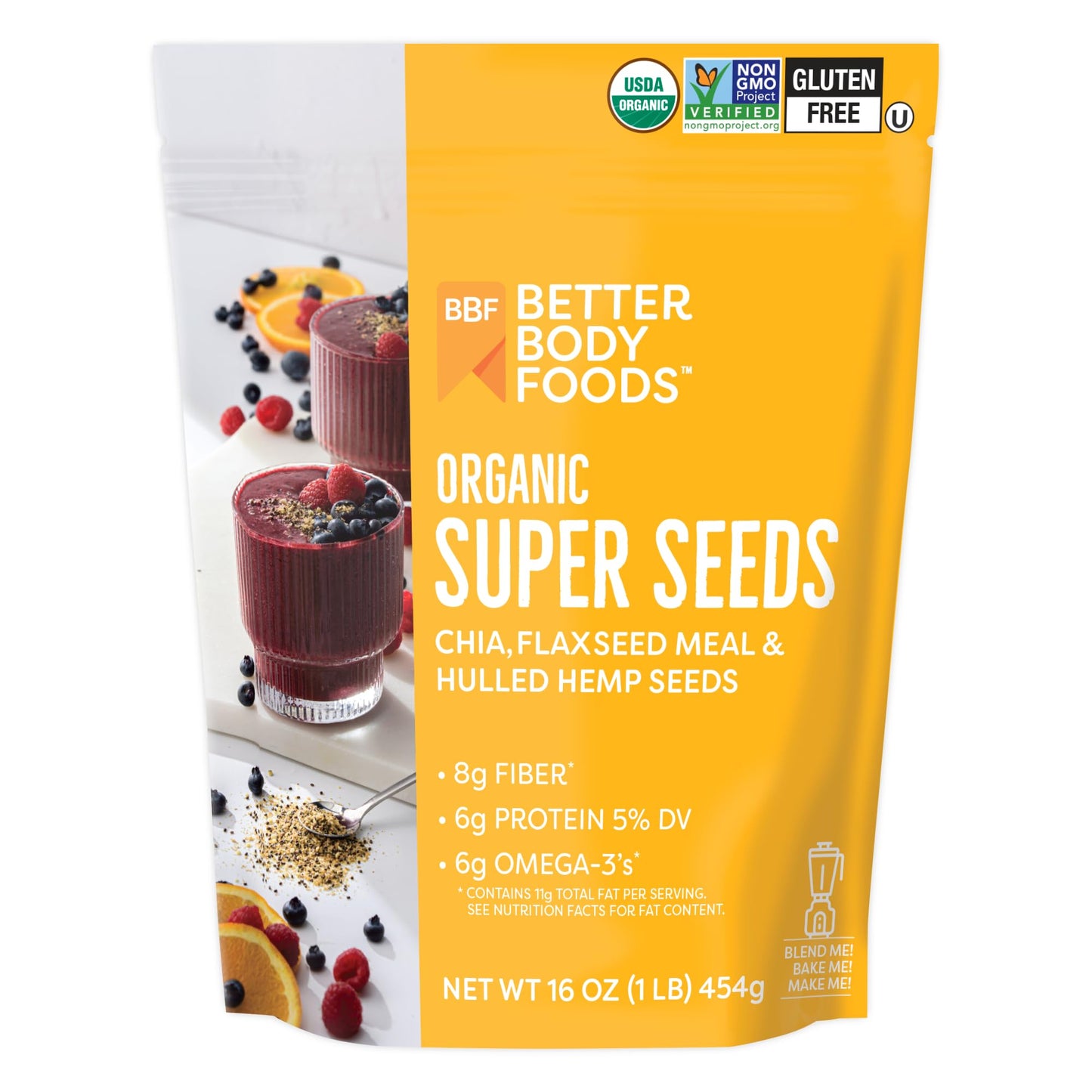 BetterBody Foods Superfood Organic Super Seeds - Blend of Organic Chia Seeds, Milled Flax Seed, Hemp Hearts, Add to Smoothies Shakes & More, 1lb, 16
