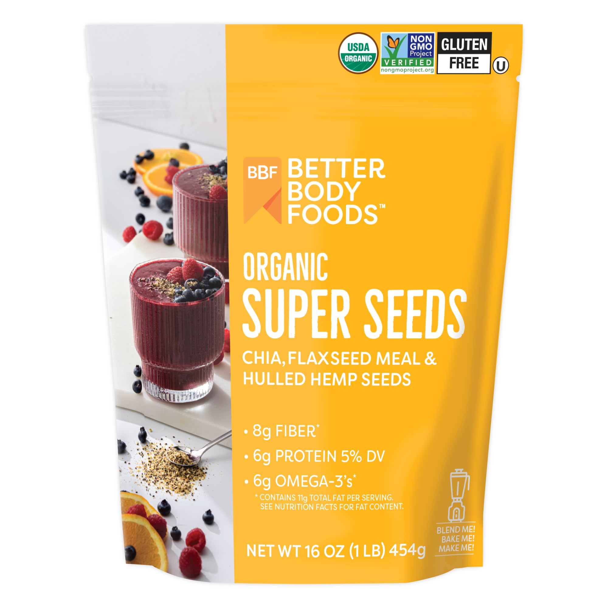 BetterBody Foods Superfood Organic Super Seeds - Blend of Organic Chia Seeds, Milled Flax Seed, Hemp Hearts, Add to Smoothies Shakes & More, 1lb, 16