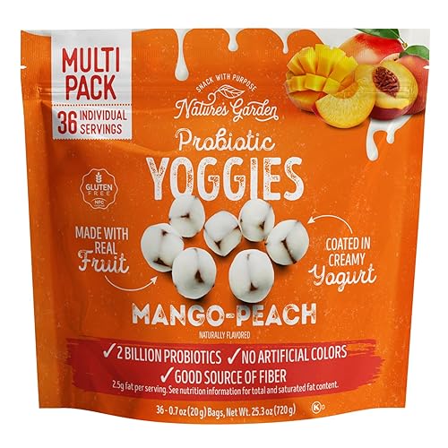 Nature's Garden Probiotic Mango Peach Yoggies, 25.3oz (36 x 0.7oz) - Yogurt Covered Fruit Snack, High Fiber, Real Fruit Pieces, Fruit Snack Packs