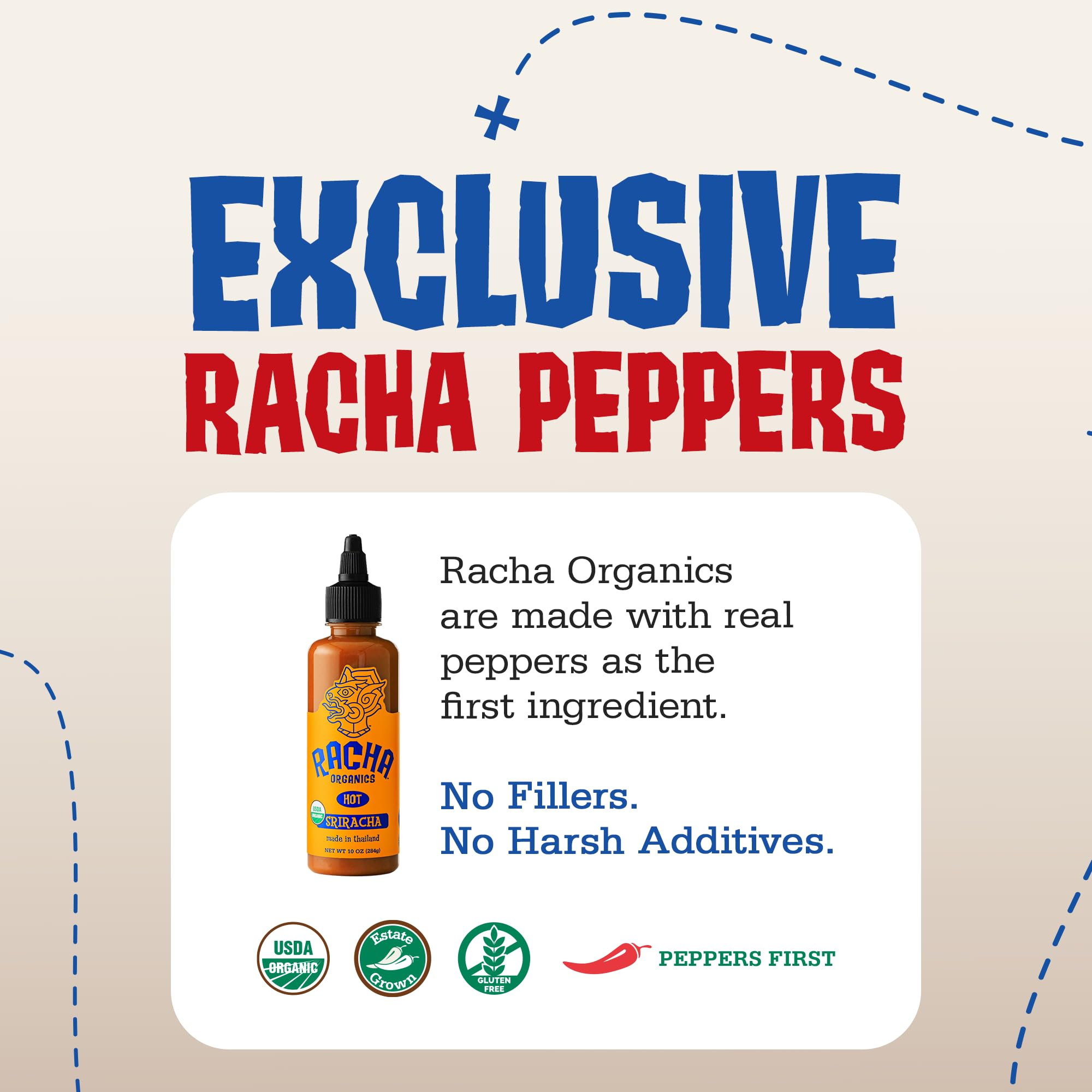 Racha Organics Sriracha Hot Sauce - USDA Organic Sriracha Sauce Made with Estate-Grown Thai Chili Peppers - Low-Sugar, Non-GMO, Gluten Free, Keto