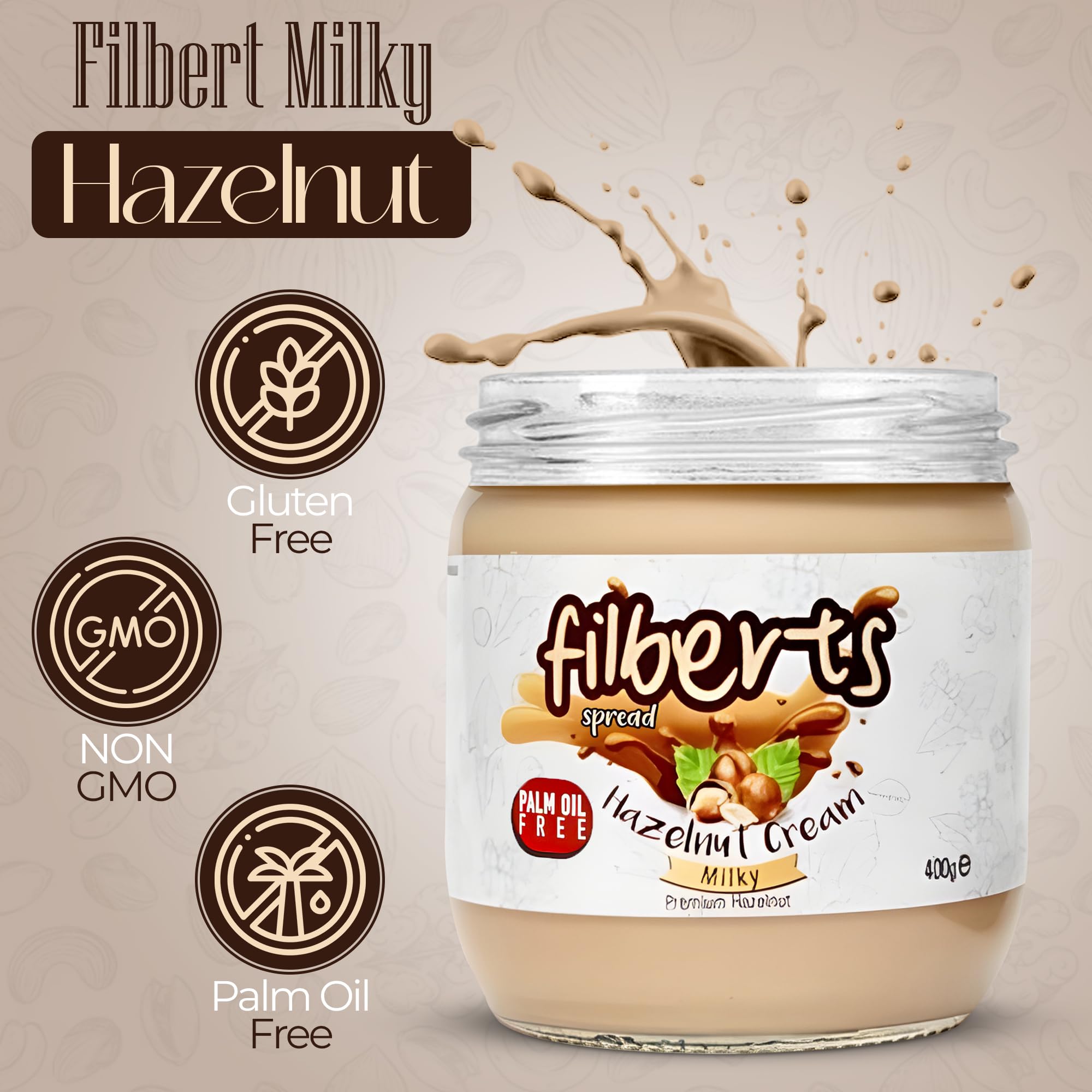 Filbert Spread Milky Premium Hazelnut Cream Milky - 400g Jar | Palm Oil Free, Non-GMO, Gluten Free | Smooth & Sweet Hazelnut Milk Spread