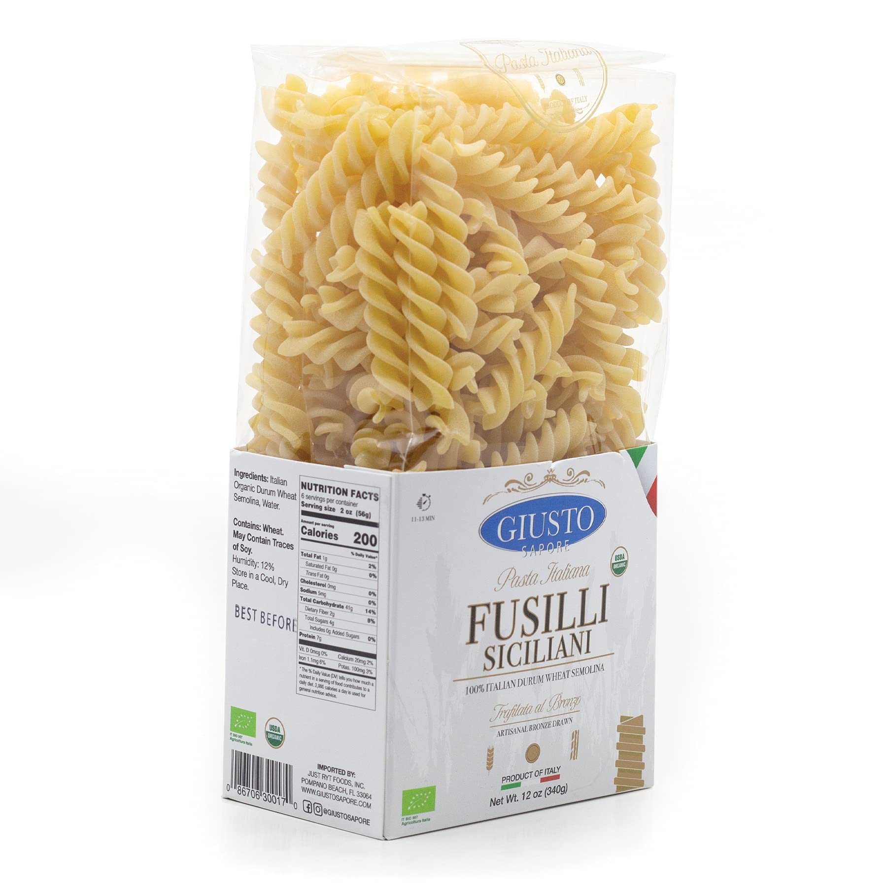 Giusto Sapore Imported Artisanal Fusilli Siciliani Italian Pasta, Organic Bronze Drawn, 340G (12 oz)