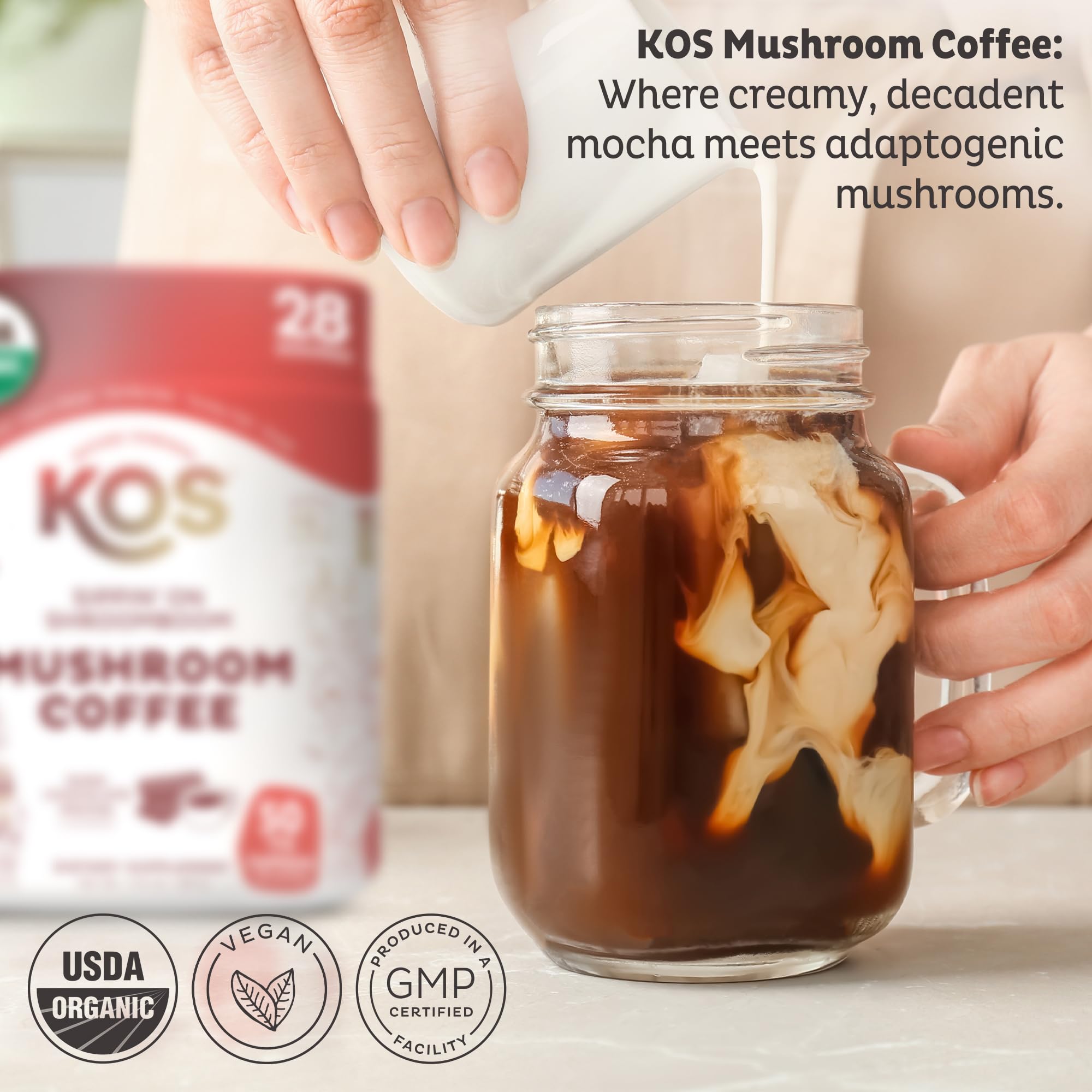 KOS Mushroom Coffee - USDA Certified Organic - Dark Chocolate Mocha Flavor - Mushroom Coffee Latte Powder with Reishi, Cordyceps, Lion's Mane, Chaga