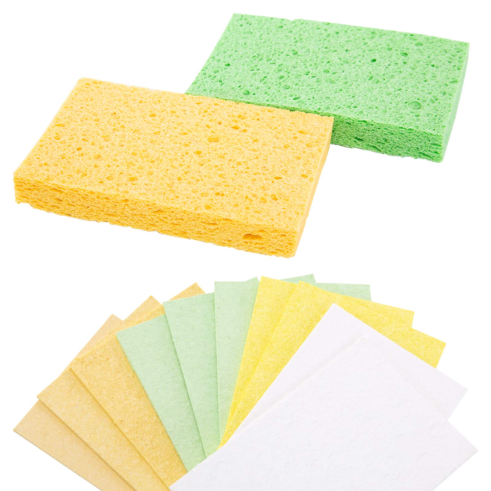 Yeethewengle Compressed Cellulose Sponges, Bulk Multi-Use, Non-Scratch Cleaning Scrub Sponges for Kitchen,Bathroom, 10 Pack+ 2 Free Scouring Pad Dish