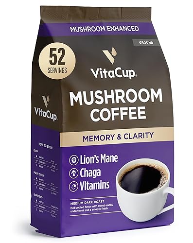 VitaCup Mushroom Coffee Grounds, with Lions Mane, Chaga, B Vitamins, D3, Boost Focus, Immunity, Memory & Clarity, Medium Dark Roast, 100% Arabica