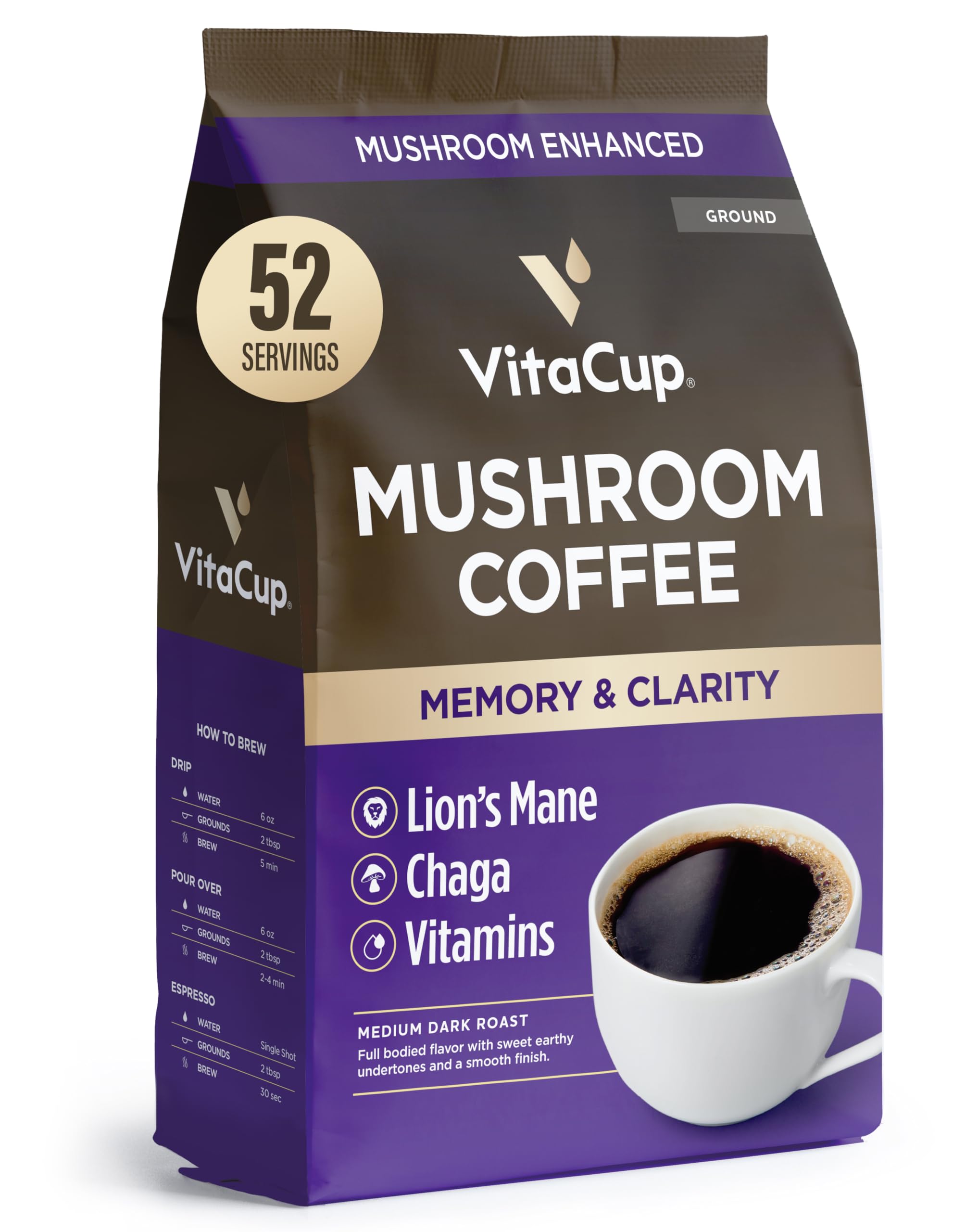 VitaCup Mushroom Coffee Grounds, with Lions Mane, Chaga, B Vitamins, D3, Boost Focus, Immunity, Memory & Clarity, Medium Dark Roast, 100% Arabica