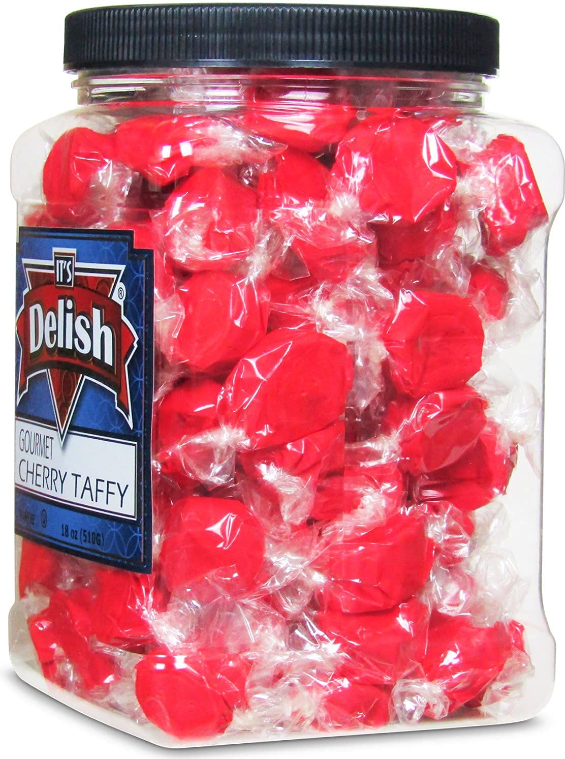 Cherry Red Taffy Chews by It's Delish, 18 Oz Jumbo Container - Individually Wrapped Gourmet Soft Fluff Taffy - Great Candy for Red Themed Parties, USA