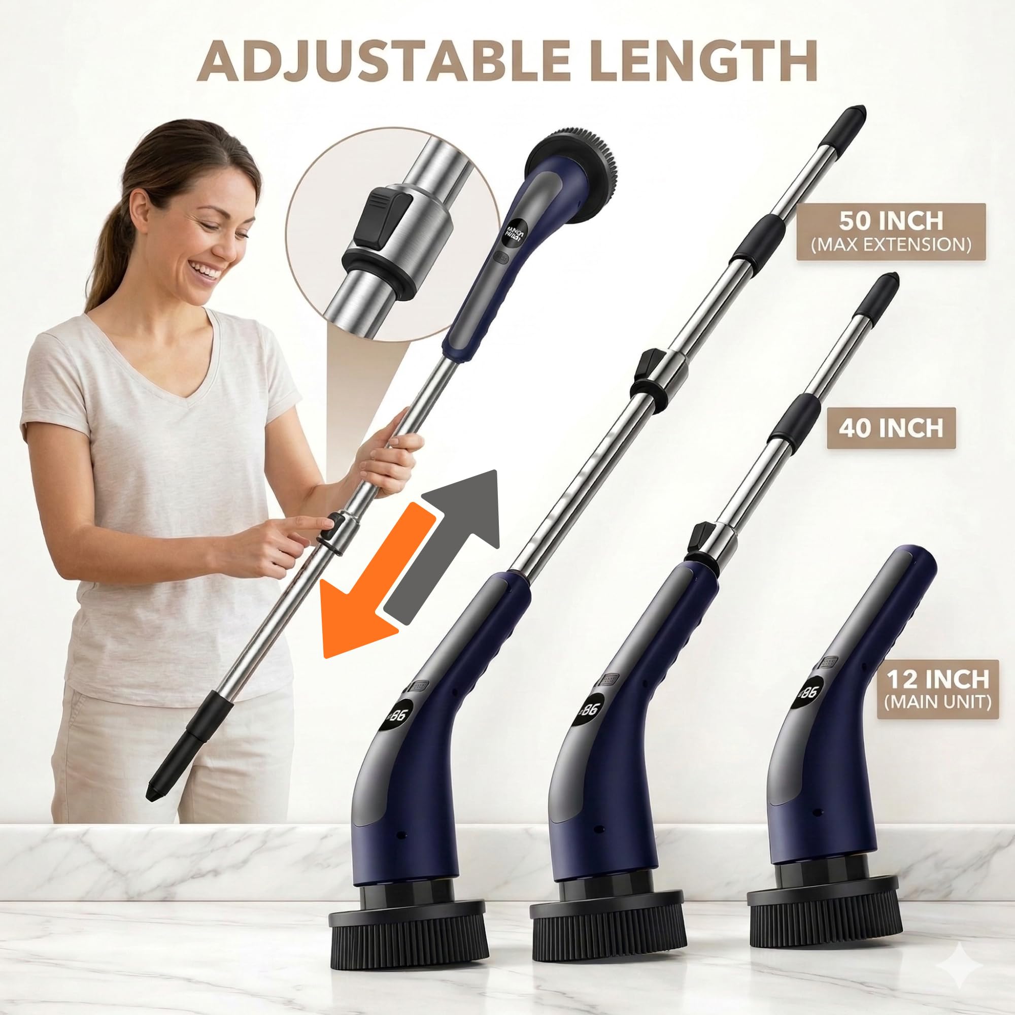 LIVINGPRO Electric Spin Scrubber with LCD Display, Cordless Cleaning Scrubber for Home, Upgraded 70W High-Power Motor, IPX7 Waterproof Dual Speed
