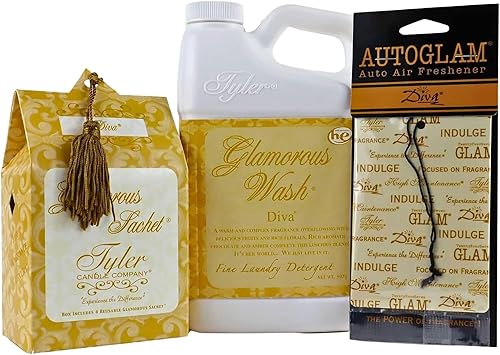 Elanze Designs Tyler Candle Glamorous Wash 32 Ounce, Scented Sachet, and Autoglam Air Freshener, 3 Piece Gift Bundle Set, Diva Fragrance