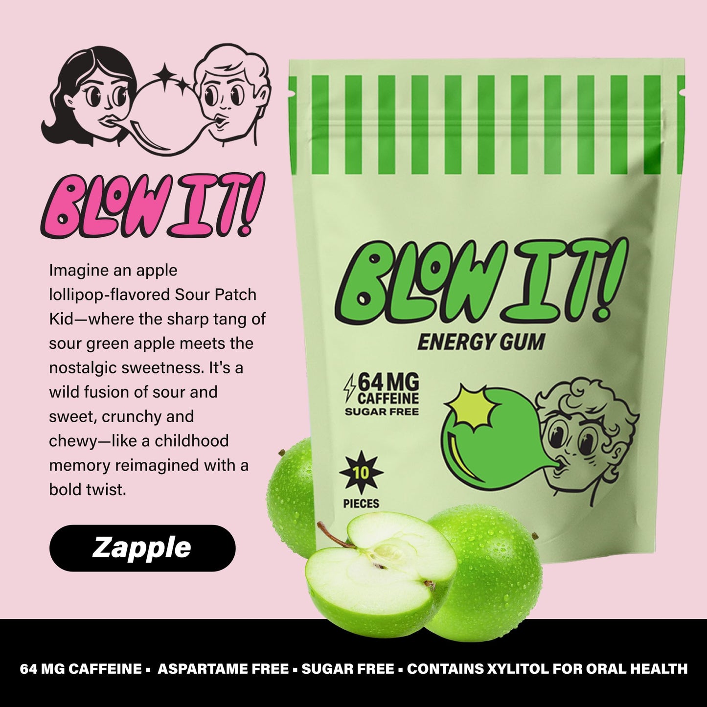 Blow It - Caffeinated Xylitol Gum - Intensified Energy and Focus Boost Effect - Green Coffee Bean Infused Sugar Free Gum - Zapple Flavor - 3-Pack (30