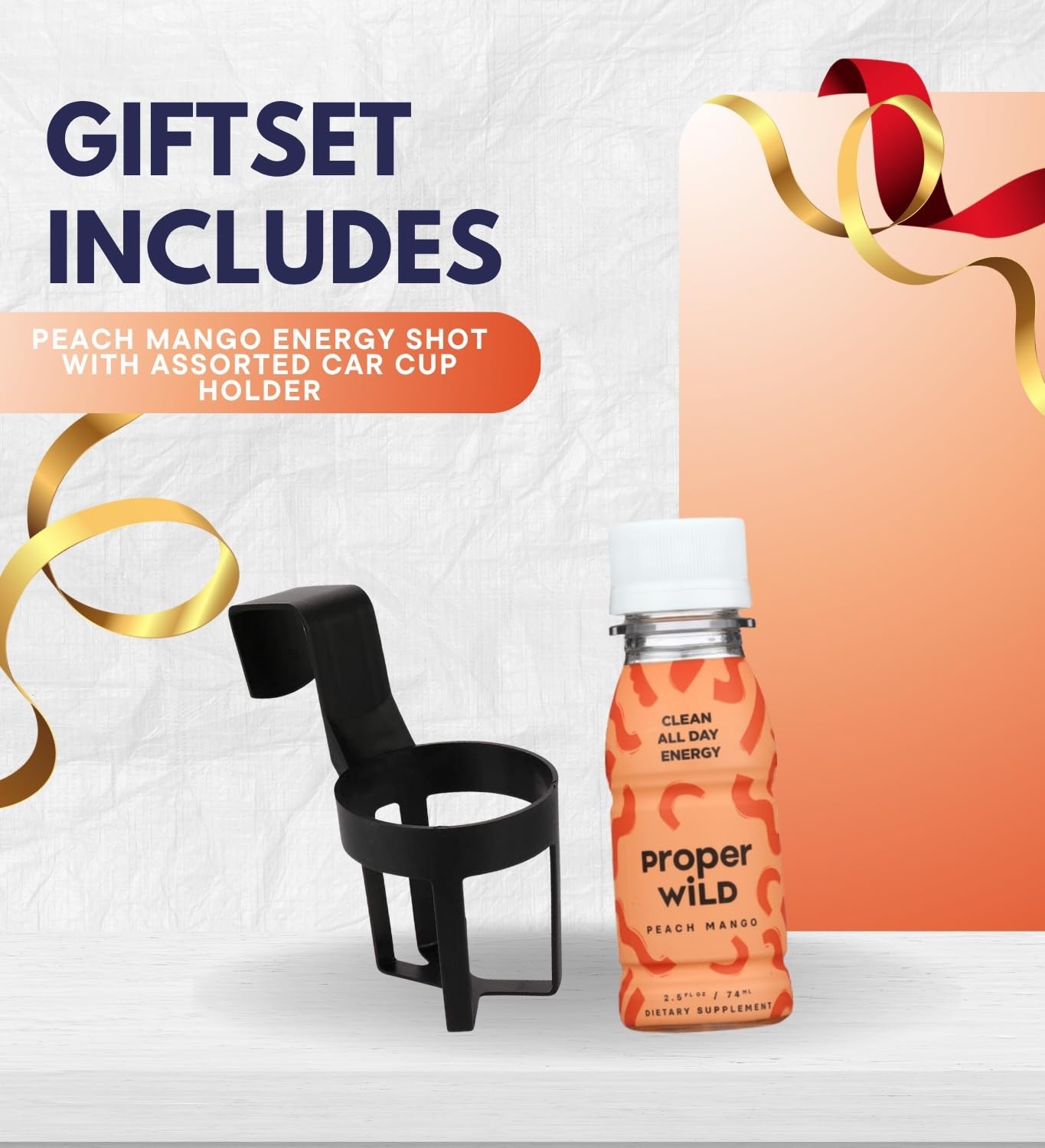 6x Energy Shot Peach Mango - 2.5 fl oz Bundle with Cup Holder - Refreshing Fruit Blend with Natural Caffeine and L-Theanine for Focus and Drive - Gift