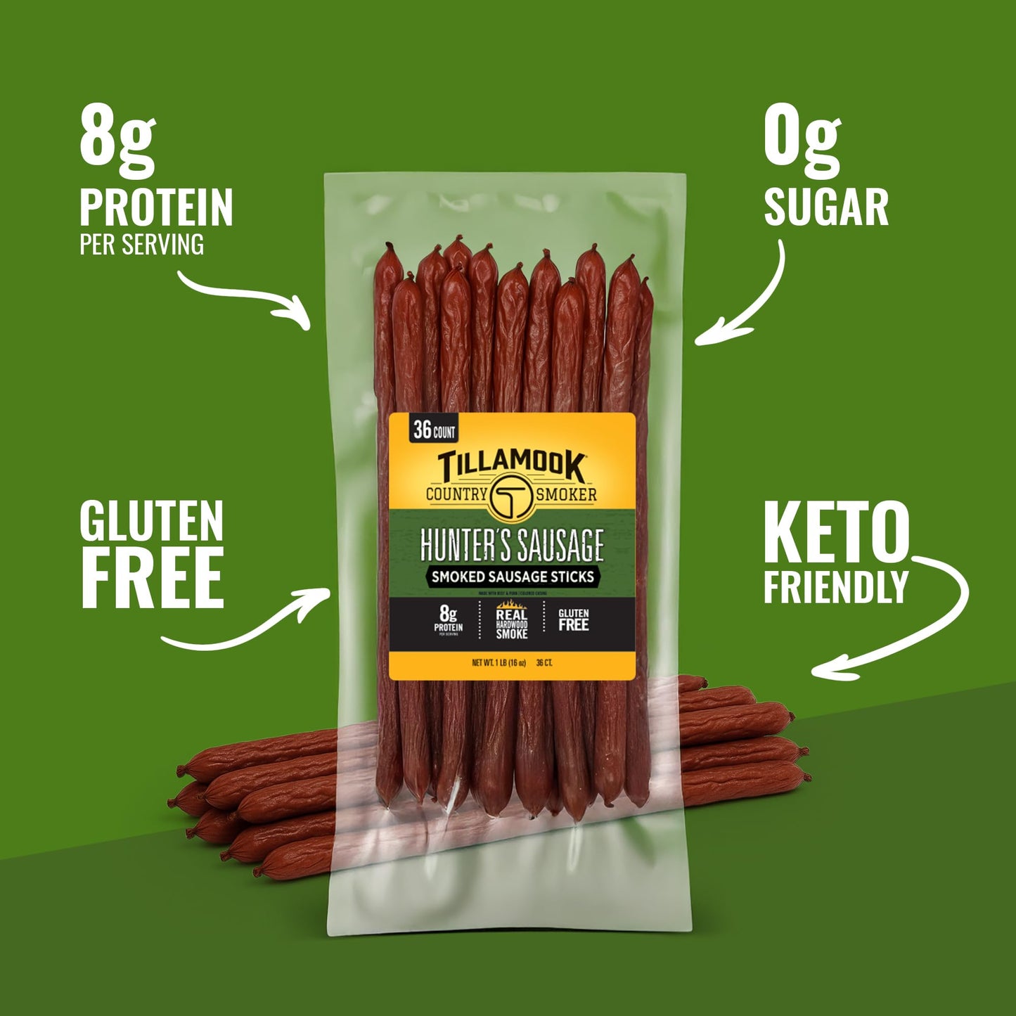 Tillamook Country Smoker Smoked Sausage, Hunter's Sausage, 16 Ounce (36 Count Meat Sticks Bulk Pack) Real Hardwood Smoked, Low Carb, High Protein