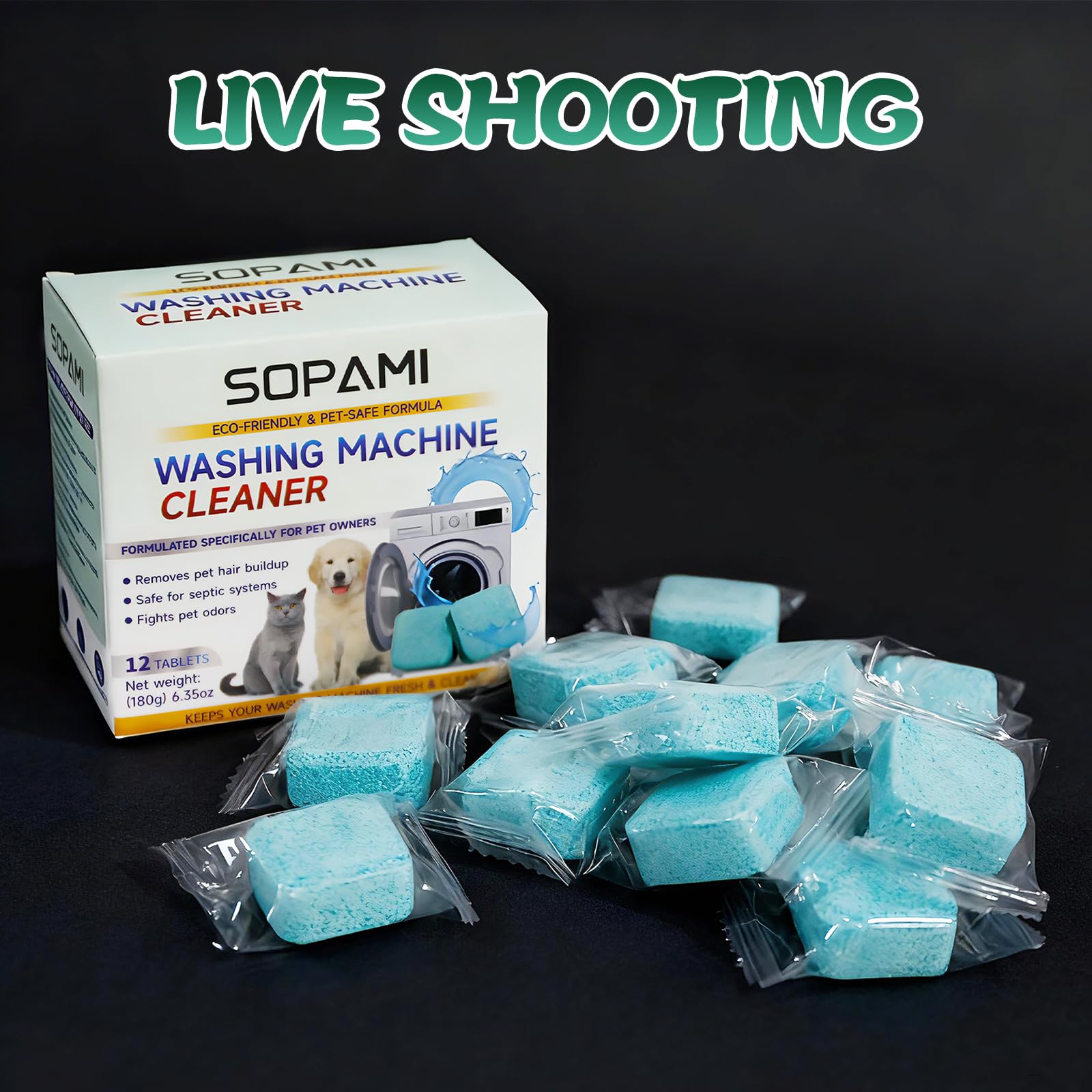 SOPAMI Washing Machine Cleaner Tablets 24-Pack (12 Month Supply) for HE/Top/Front Load Washers - Removes Stubborn Pet Hair, Odors, Mold & Residue