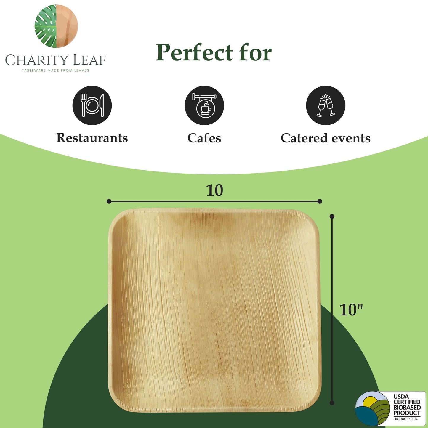 Charity Leaf Compostable 10" Square Palm Leaf Dinner Plates (50-pack) | Premium, 100% Natural, Disposable, Heavy Duty | Perfect for Parties, Weddings