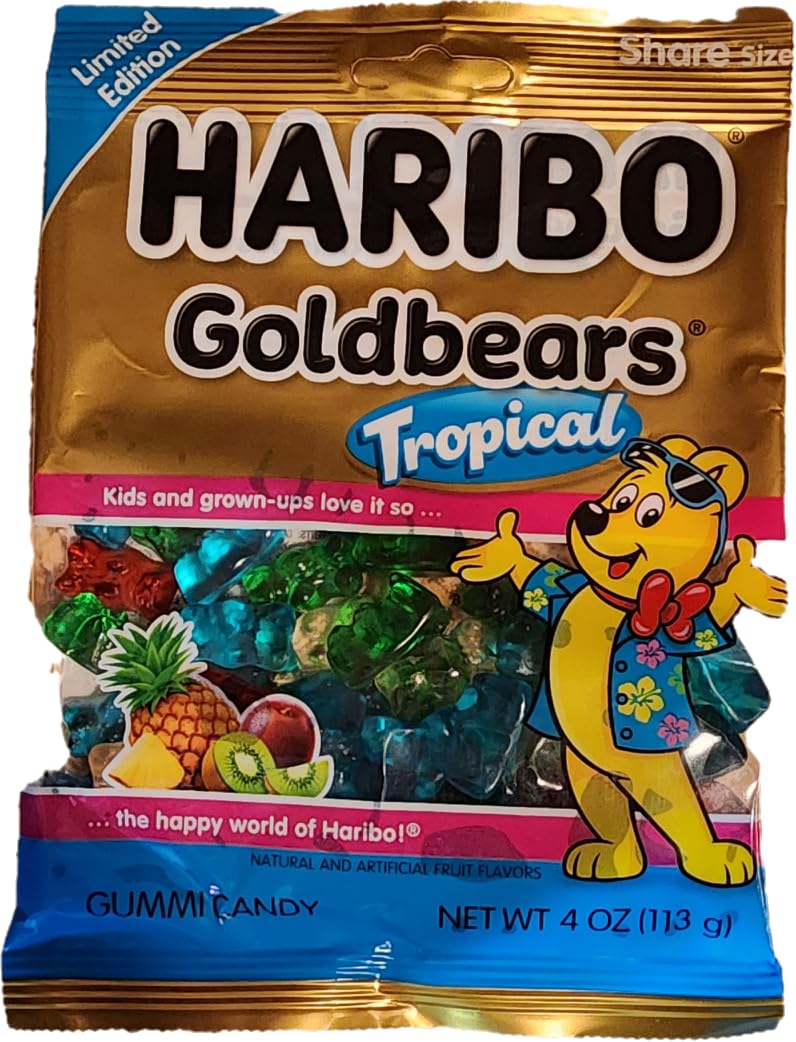 New Limited Edition Haribo Goldbears Gummi Bears Tropical Flavors: Pineapple, Kiwi, Passion Fruit, Paradise Punch. 4oz Share Size