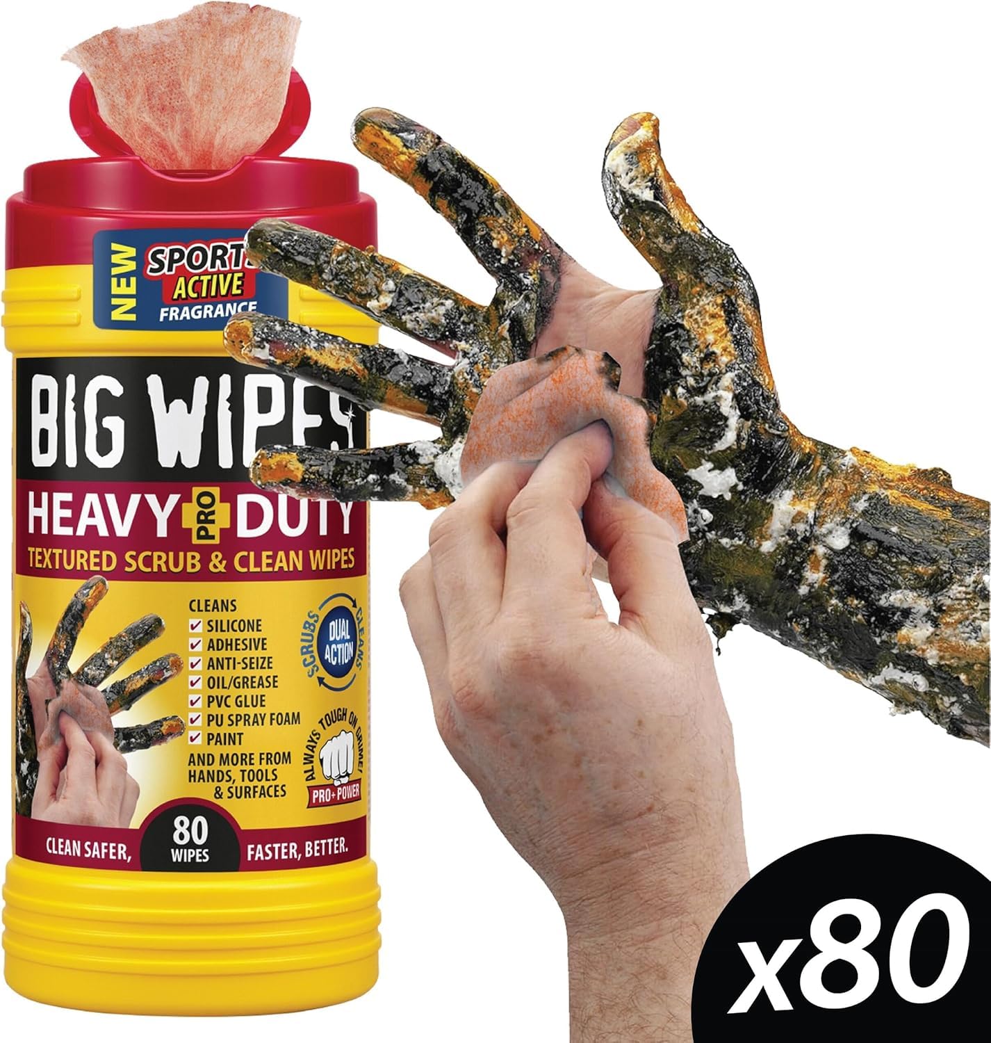 BIG WIPES Heavy Duty Industrial Hand Cleaning Wipes, Textured Scrubbing Degreaser Wipes for Mechanics and Tool Cleaner - 80 Count Canister (2 Pack)