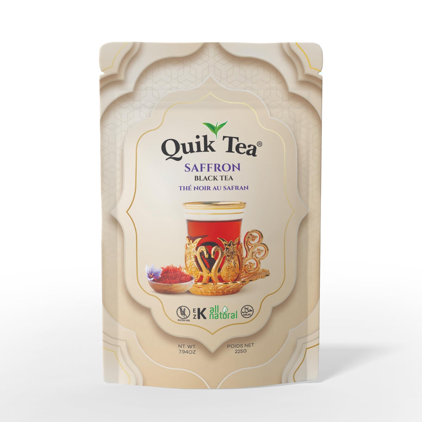 QuikTea Saffron Black Tea - 7.94 oz Loose Tea Standee Pouch, Bold Taste of Premium Assam Tea Expertly Blended with All Natural Aromatic Saffron, No