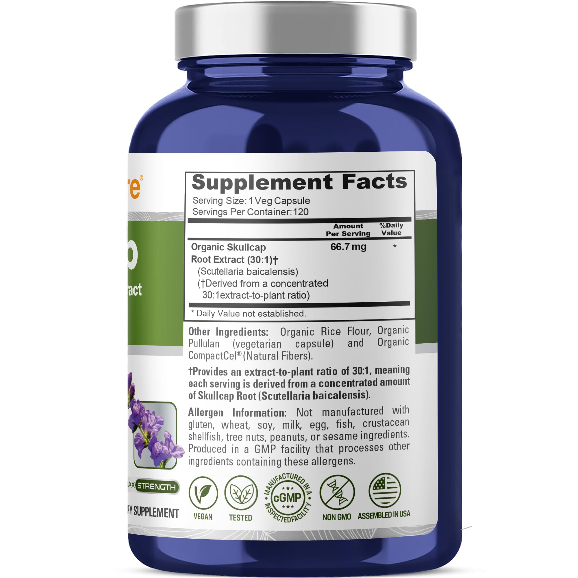 NusaPure Organic Skullcap Root Capsules, 66.66 mg, 120 Veg Capsules (Non-GMO, USDA, Vegan)