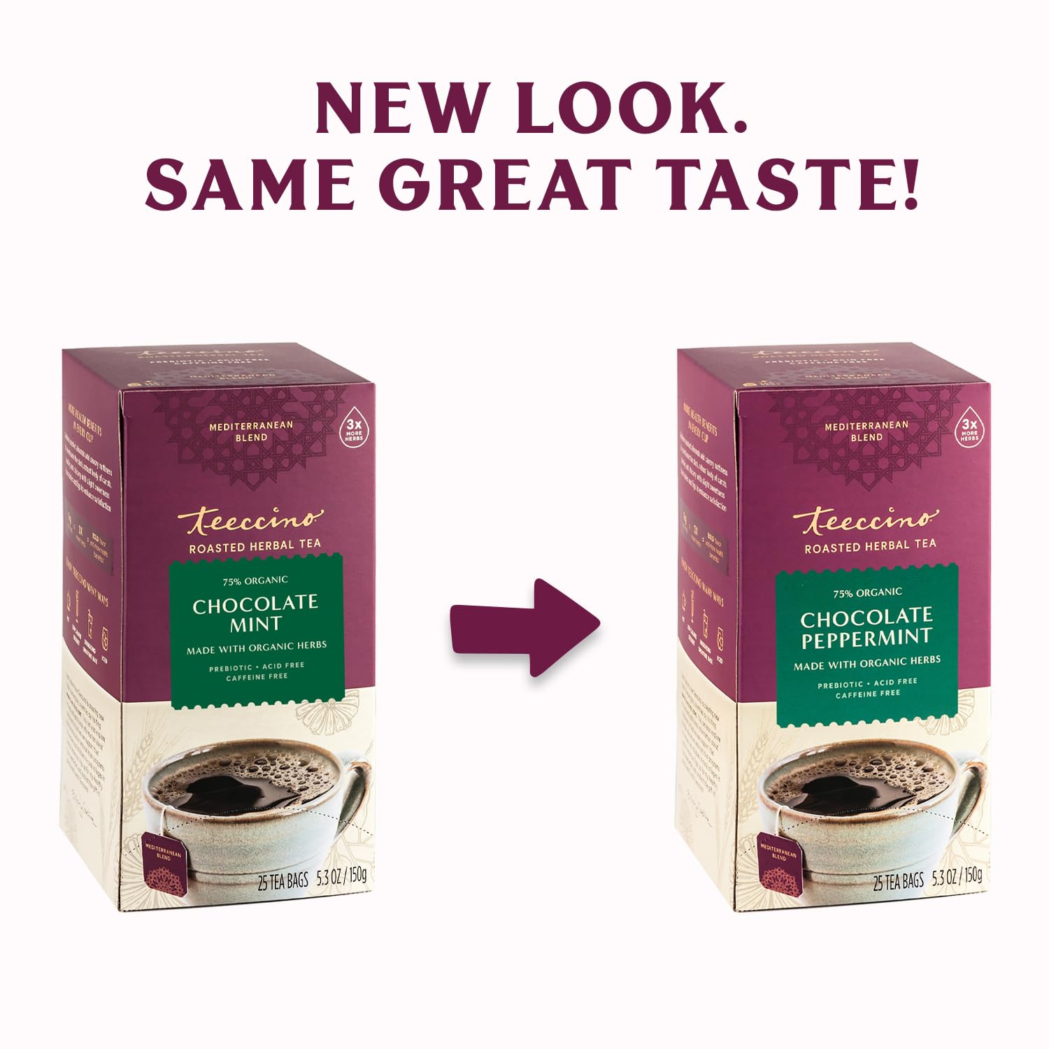Teeccino Chocolate Peppermint Herbal Tea - Enjoy Hot or Iced Tea with Cooling Peppermint, Cocoa & Chicory, Prebiotic, Caffeine Free, Acid Free, 25 Tea