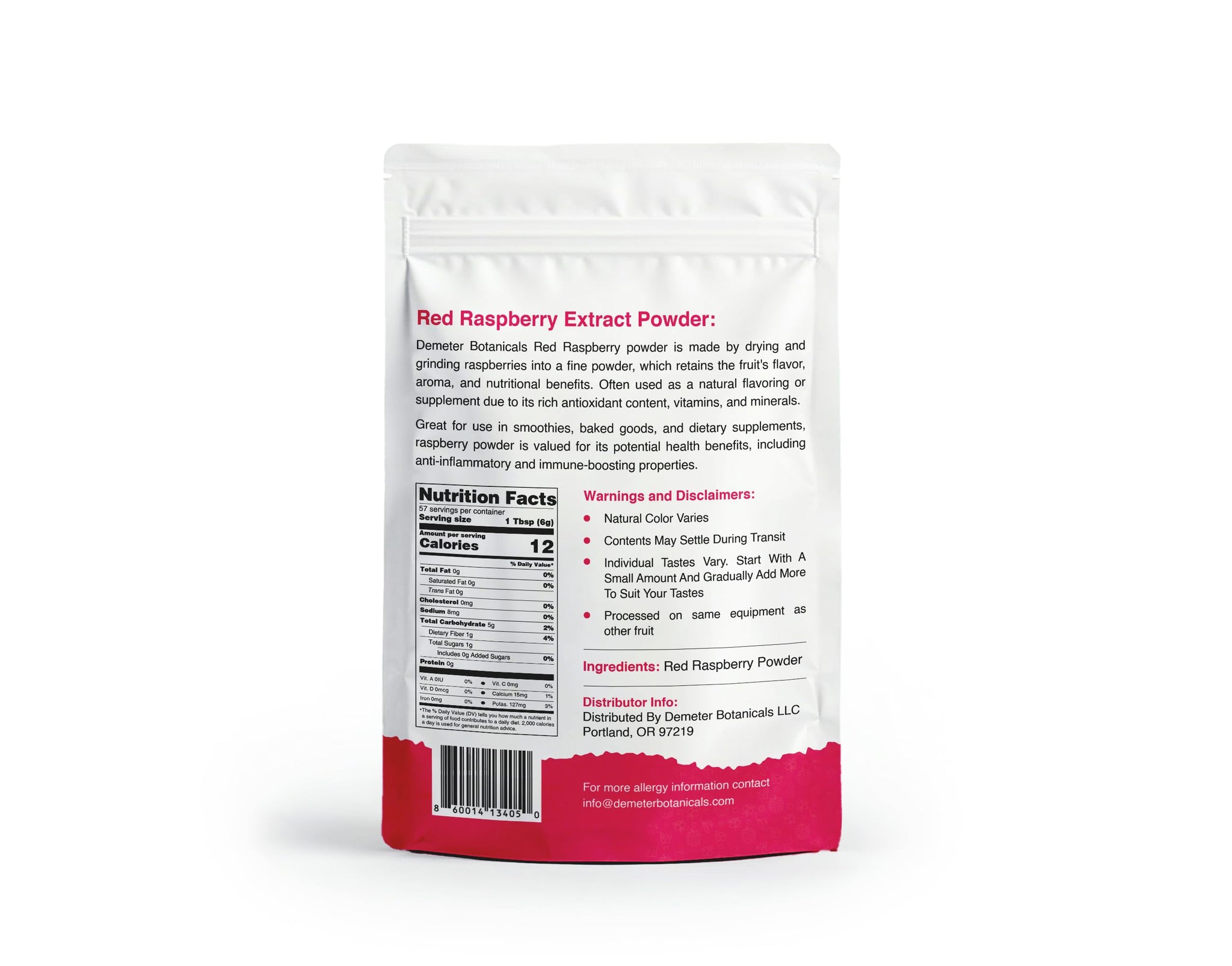 Demeter Botanicals Red Raspberry Fruit Powder, 12 Ounces, Non-GMO and Vegan