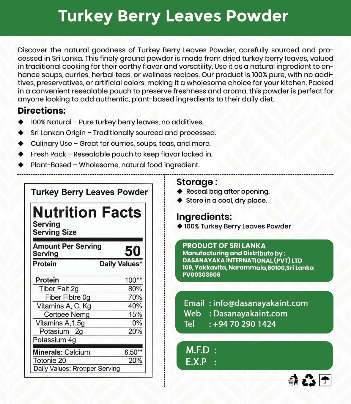 Turkey Berry Leaves Powder 3.5oz (100g) | 100% Natural, Premium Herbal Leaf Powder | Freshly Dried, Ground & Packed | Traditional Superfood | Vegan